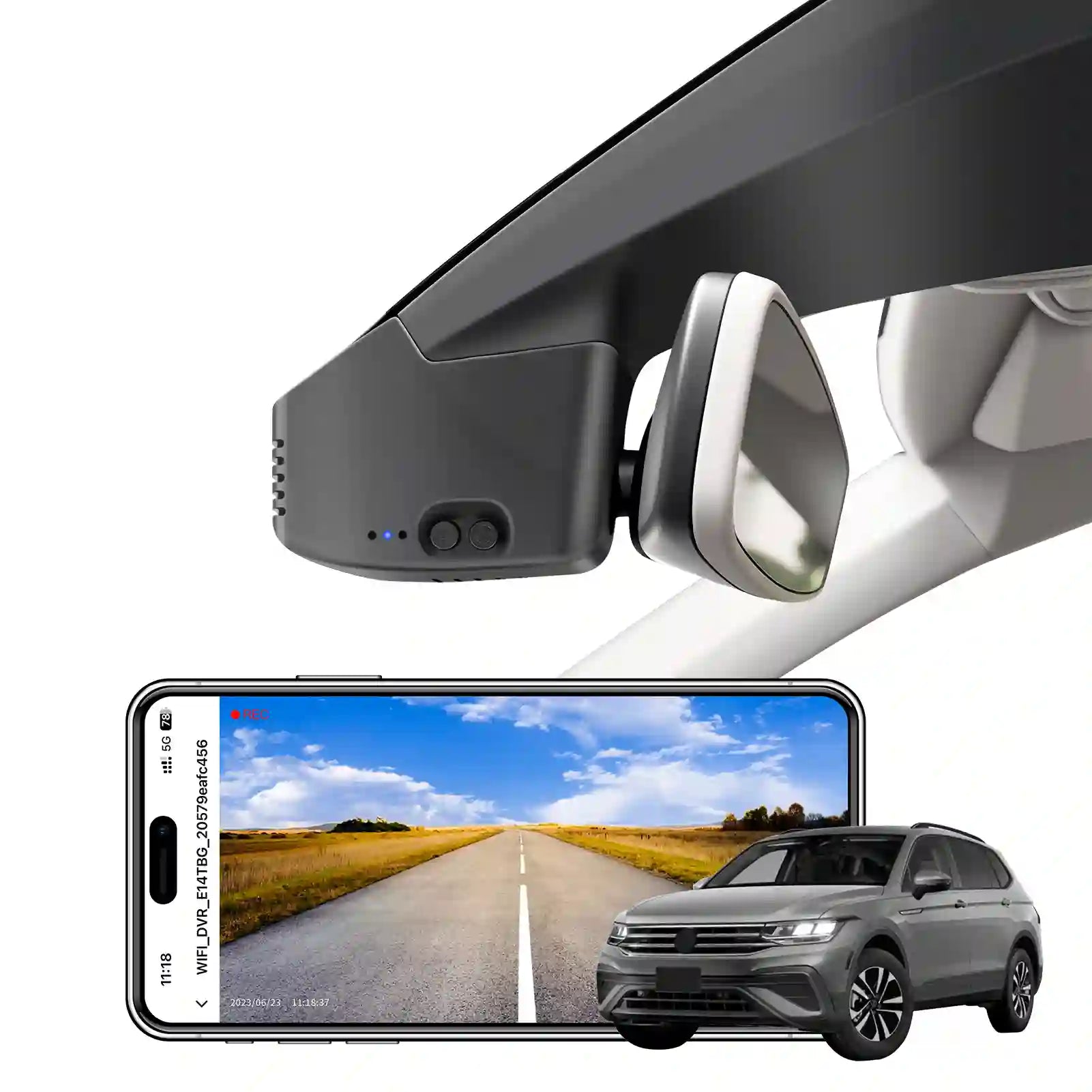 Car rearview mirror with built-in camera and smartphone displaying road view, with a car at the bottom.