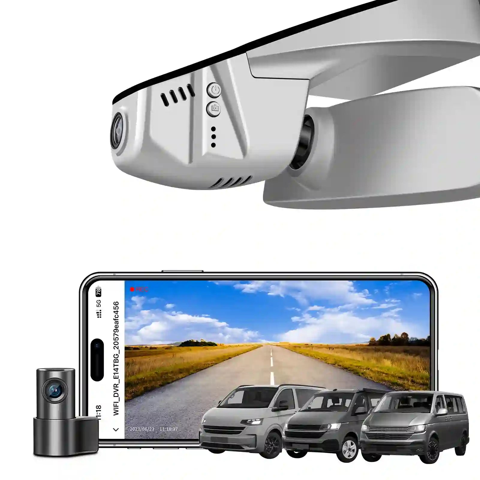 Car dashboard camera with smartphone displaying road view and cars Gray dash cameara 