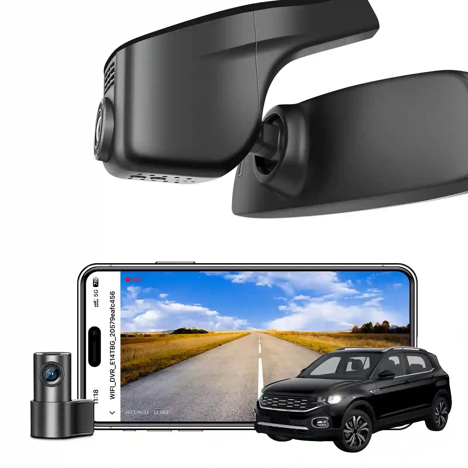 Car mirror with camera, smartphone displaying road view, and car vw T-Cross