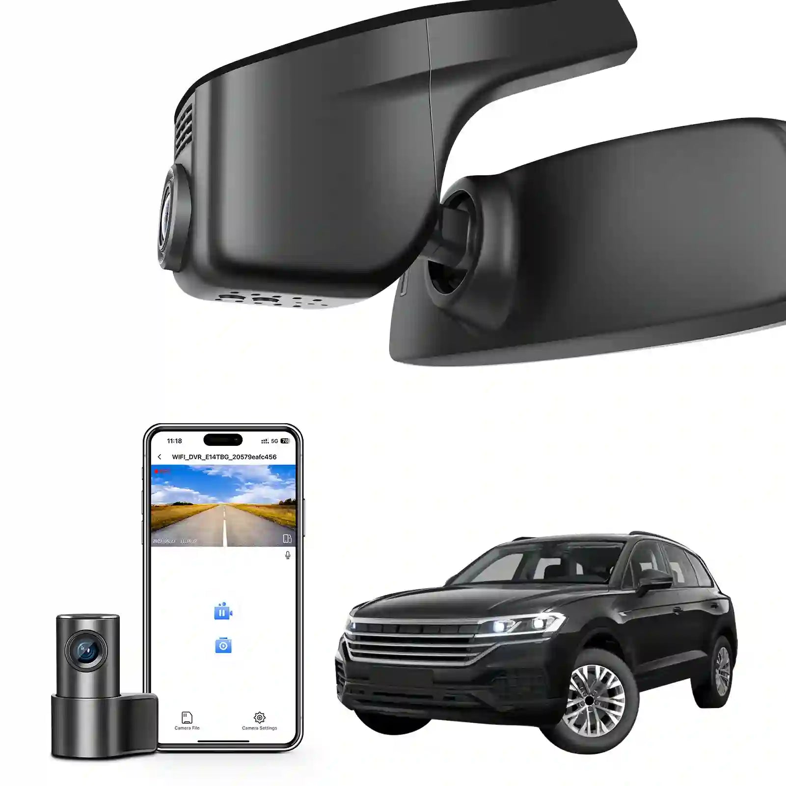 Front 4K & Rear 1080p Dash Cam Custom fit for VW Touareg 2019 2020 2021 2022 2024 2025 (Model A Black), Atmosphere Elegance R-Line SE/SEL, UHD 2160P, App & WiFi, Loop Recording,128GB Card