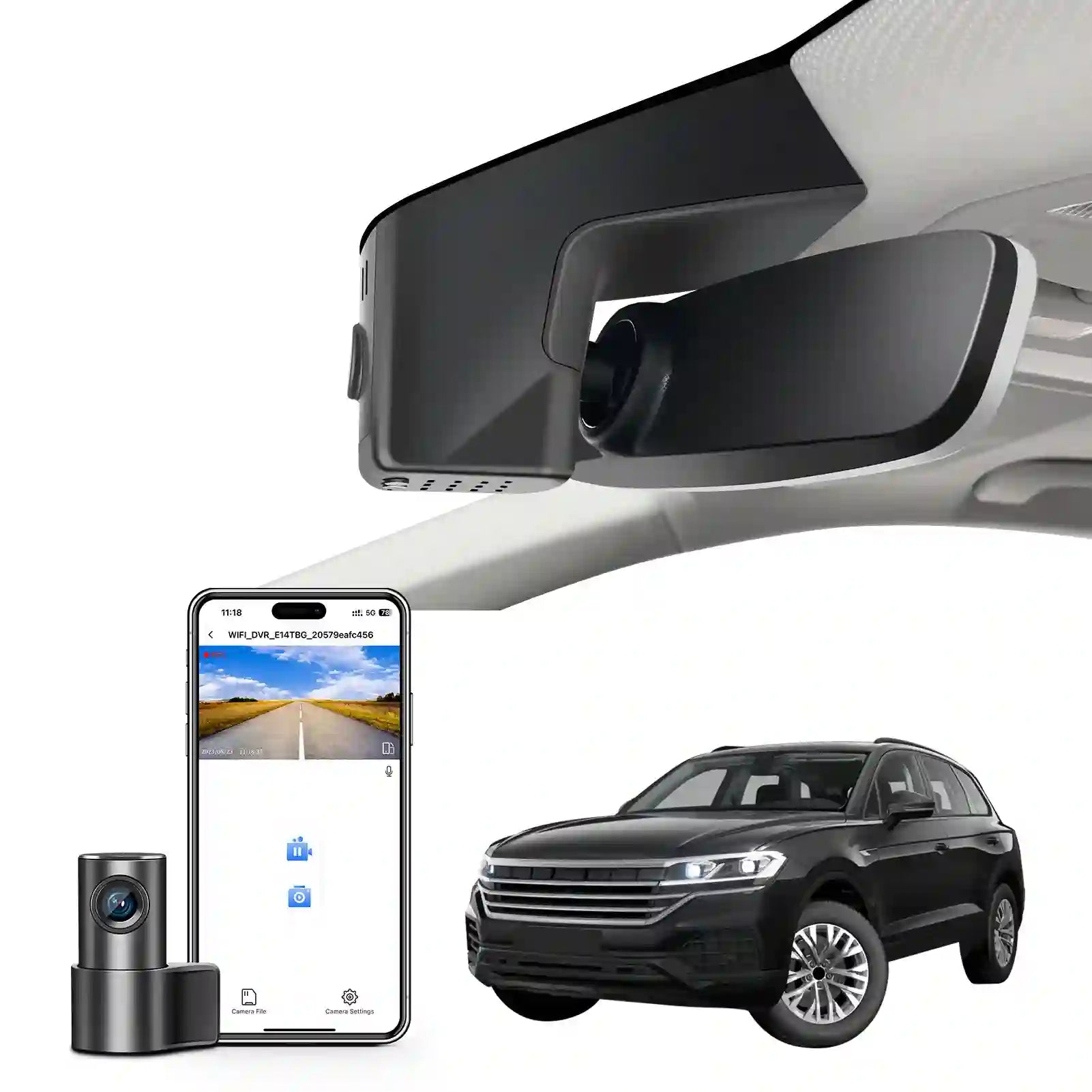 Front 4K & Rear 1080p Dash Cam Custom fit for VW Touareg 2019 2020 2021 2022 2024 2025 (Model B Black), Atmosphere Elegance R-Line SE/SEL, UHD 2160P, App & WiFi, Loop Recording,128GB Card