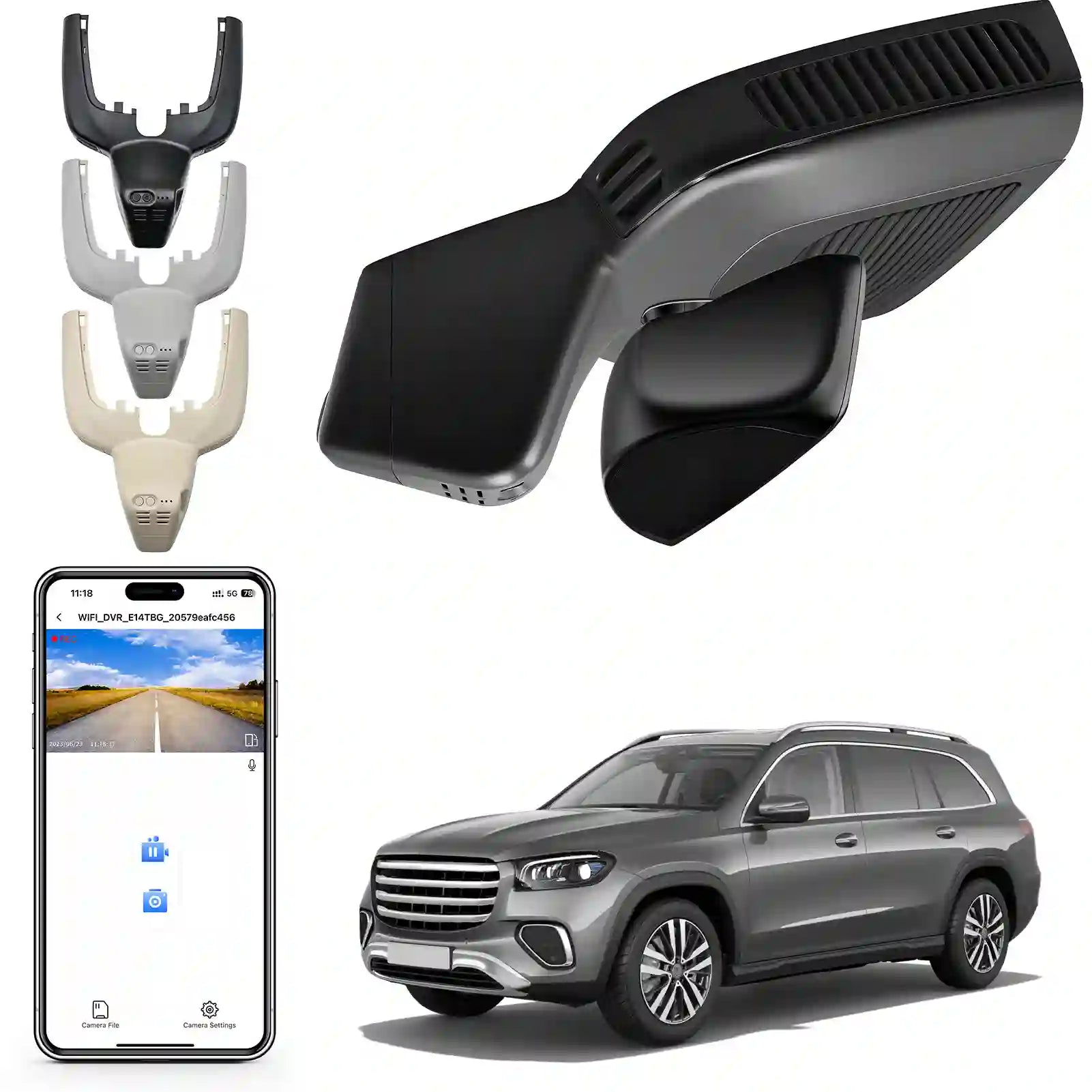 Car phone holder, smartphone with app interface, and SUV on a white background
