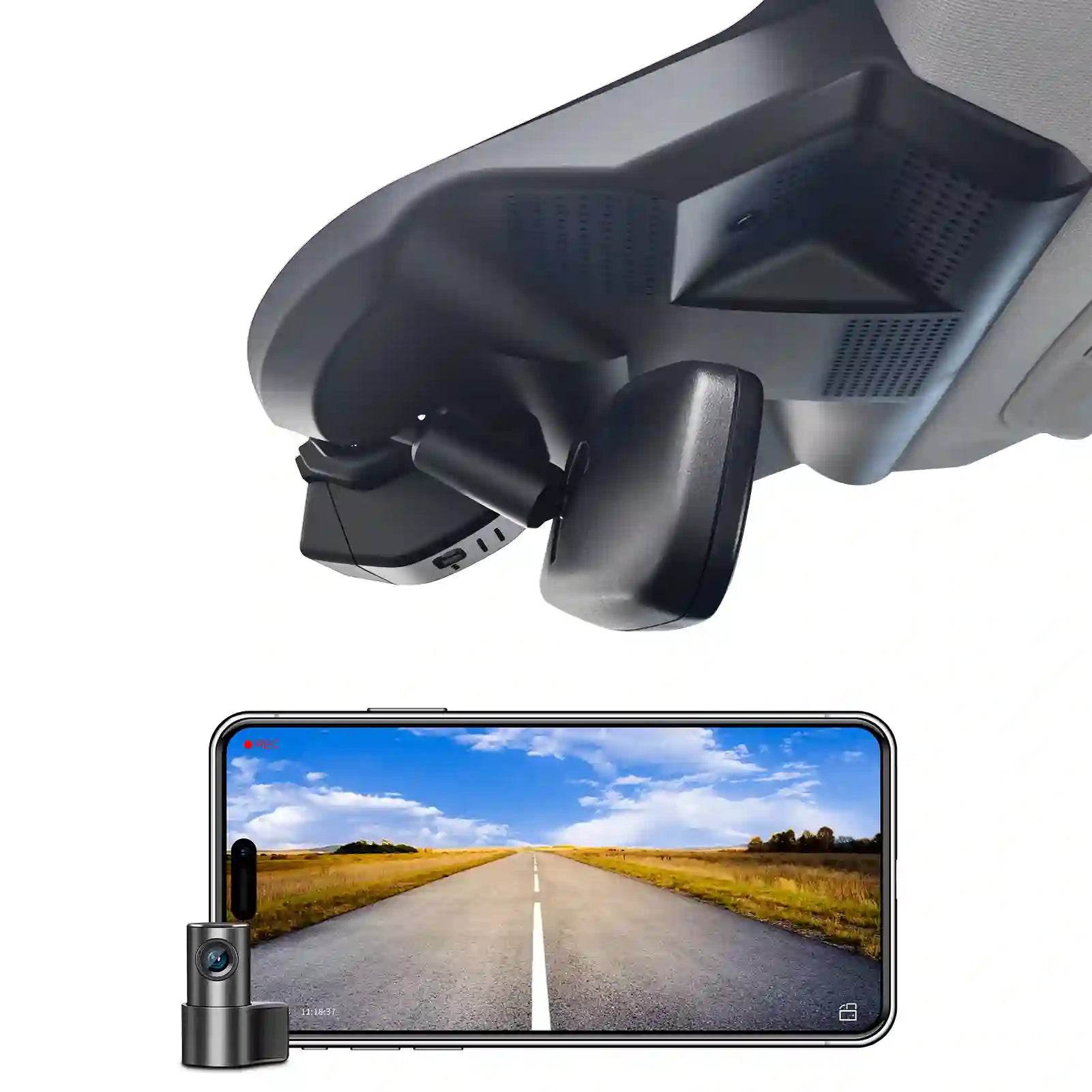 Car dashboard camera system with monitor and smartphone displaying road view on a white background