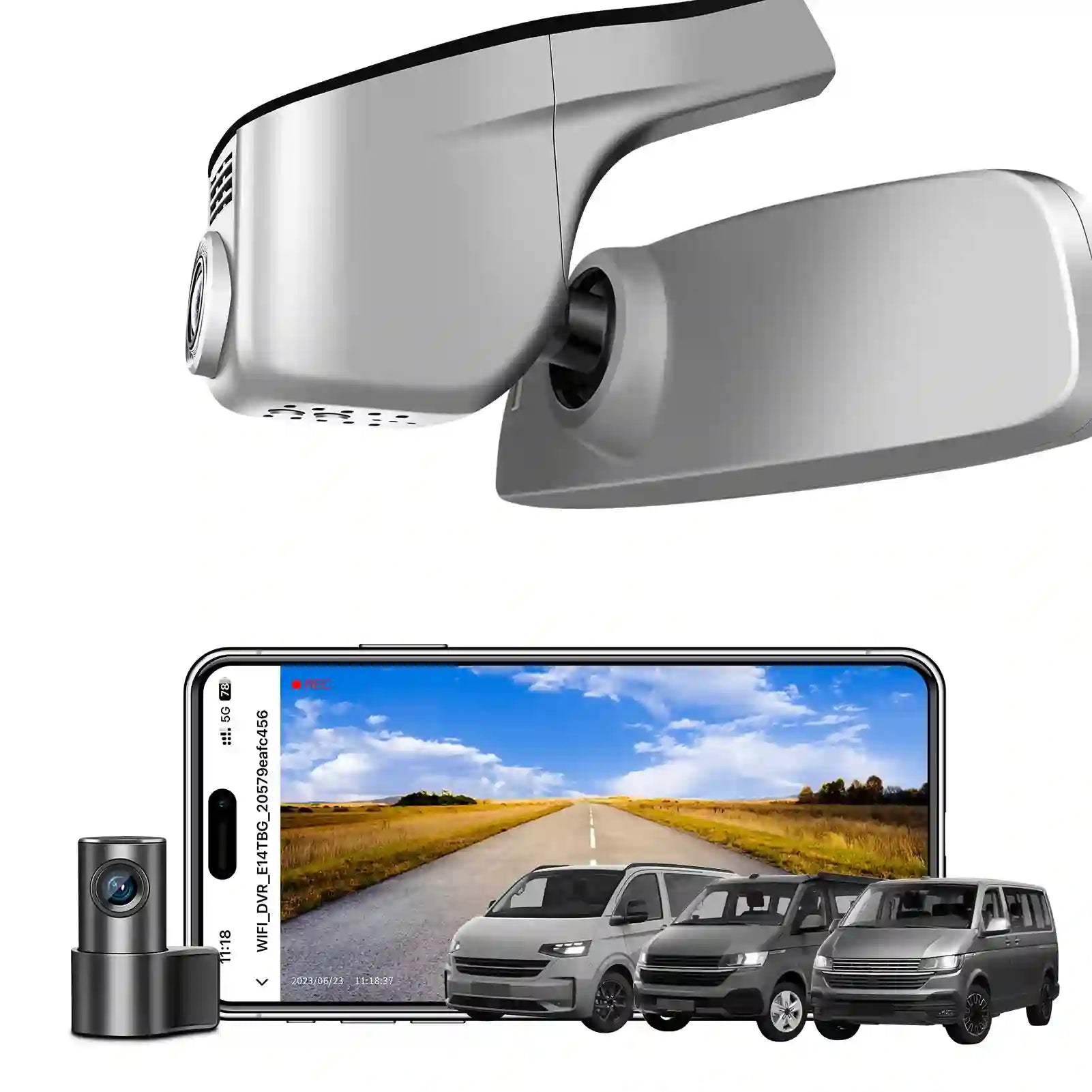 Car mirror with built-in camera and smartphone displaying road view, mangoal dash camera