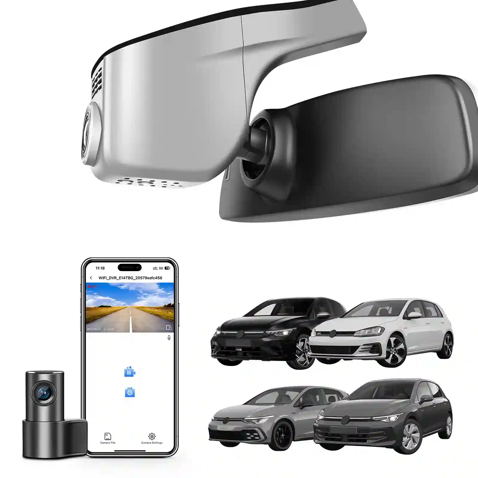 Front 4K & Rear 1080p Dash Cam for Volkswagen Golf & Golf GTI & Golf R MK 7/7.5/8 2015-2025(Model A Gray), UHD 2160P, App & WiFi, Loop Recording, Easy to Install, GPS, 128GB Card