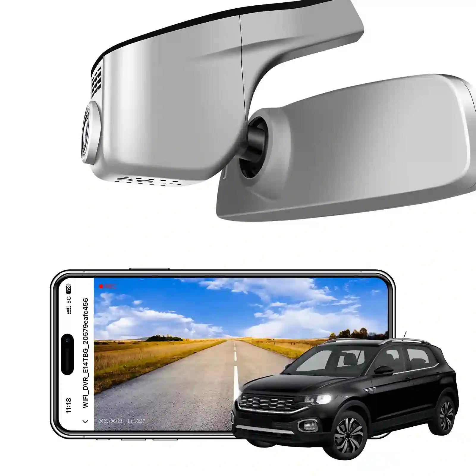 Car rearview mirror with a smartphone displaying a road scene and a black SUV.