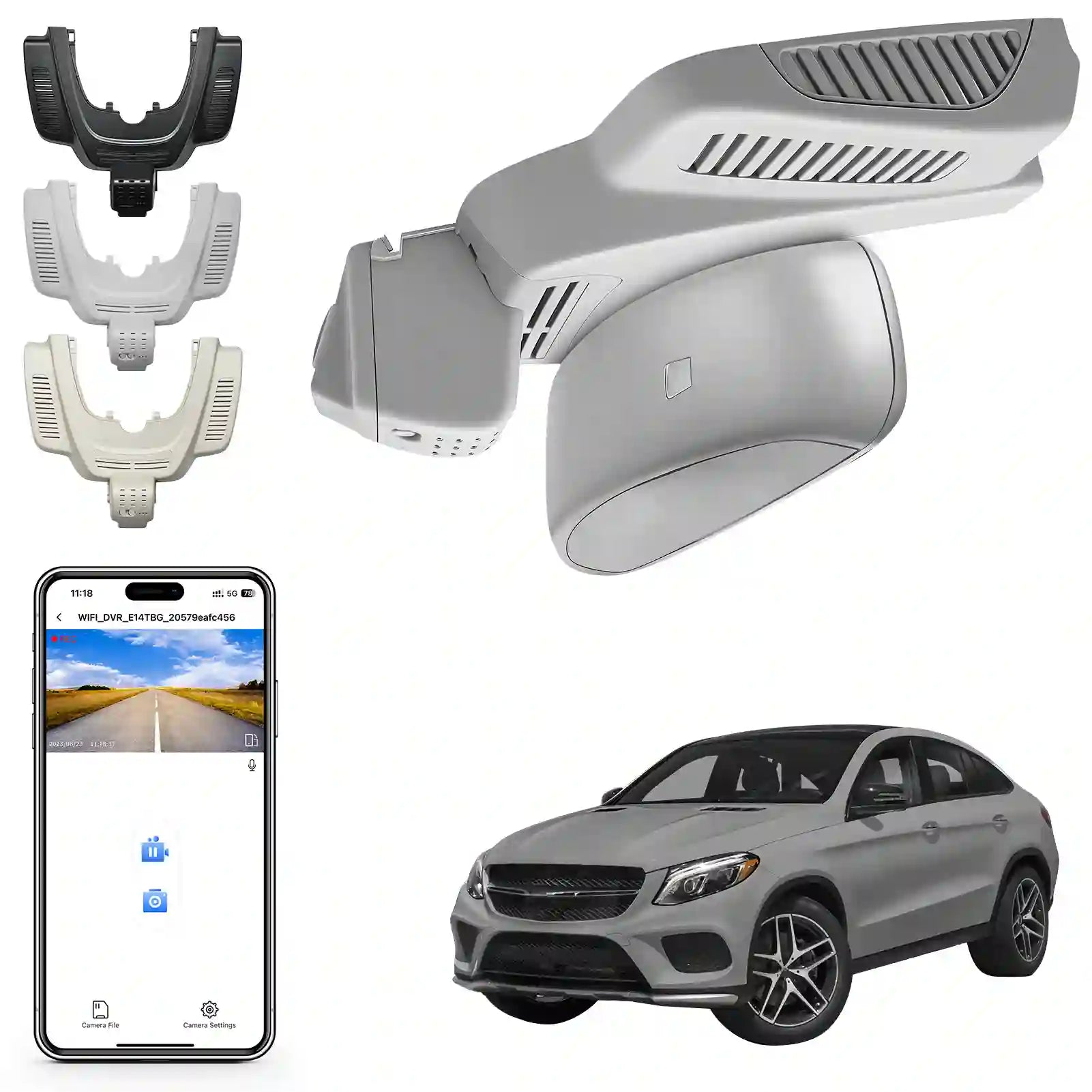 Car roof rack system with smartphone app interface and car model on a white background