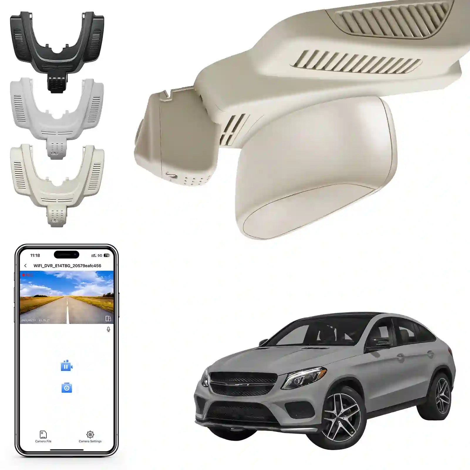 Car dashboard camera with mounting brackets, smartphone displaying app interface, and a car on a white background.