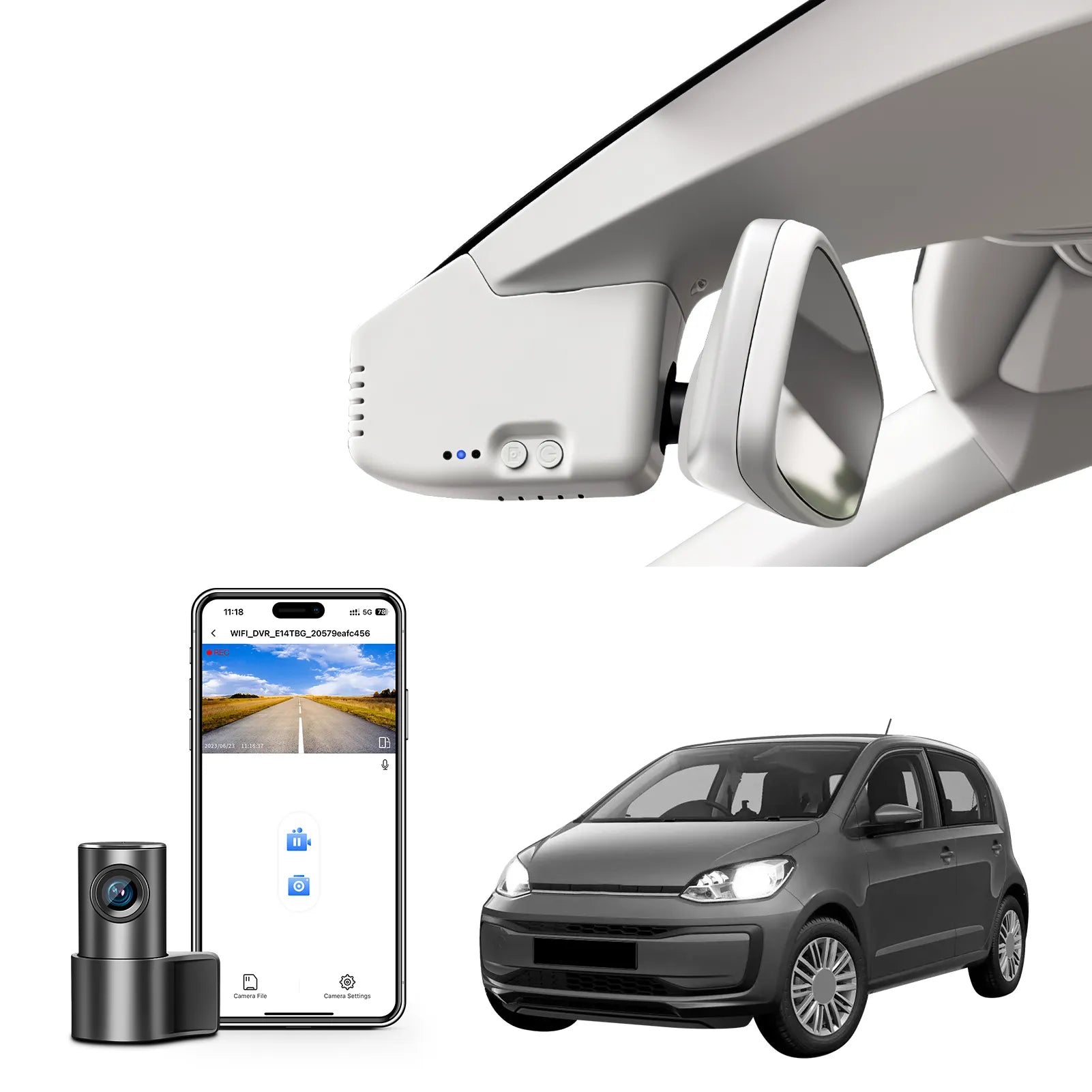 Front 4K & Rear 1080p Dash Cam Custom fit for VW up! & e-up! 2017-2024 (Model B Gray), Take up! Move up! high up! e-up! Style etc, UHD 2160P, App & WiFi, Loop Recording, 128GB Card