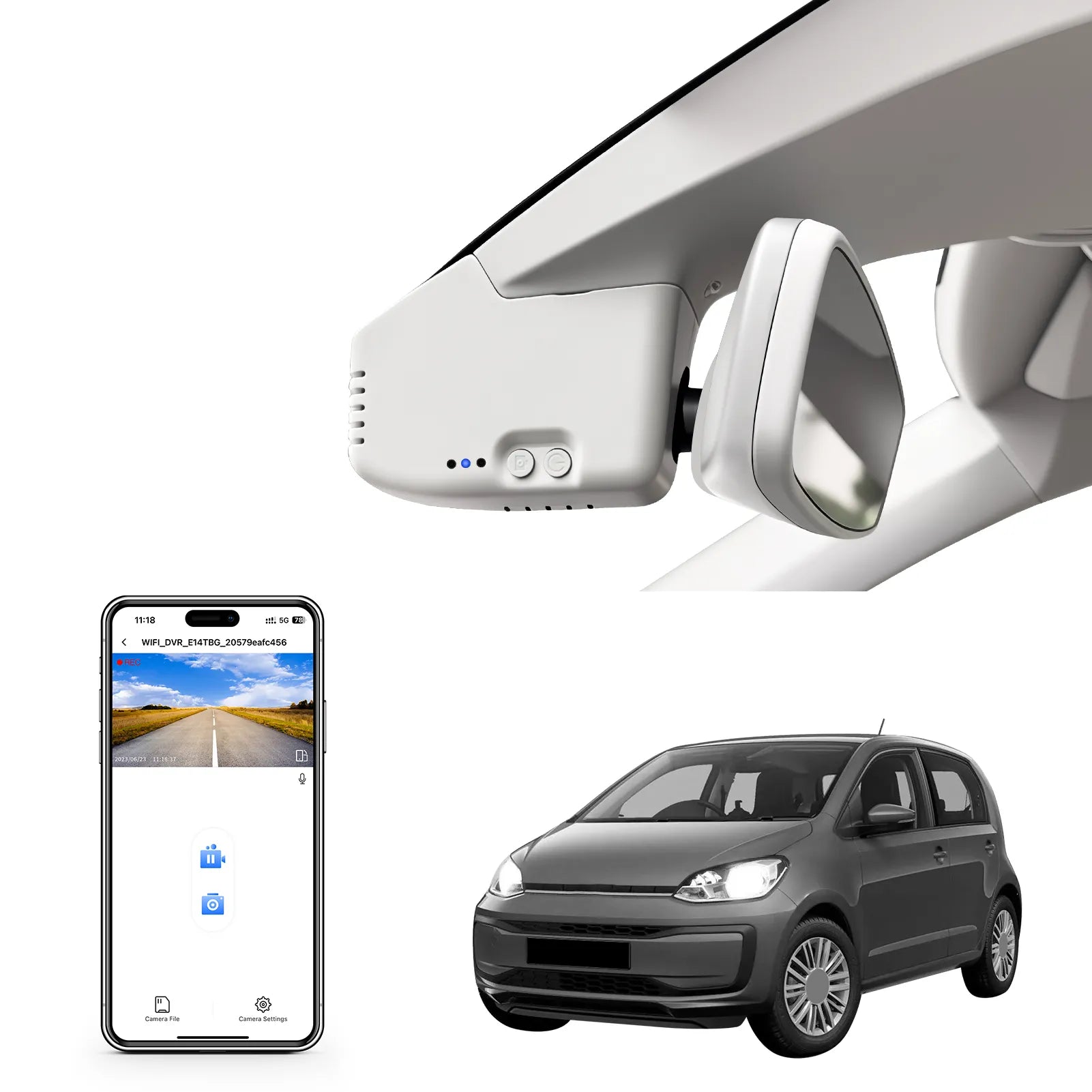 4K Dash Cam Custom fit for VW up! & e-up! 2017-2024 (Model B Gray), Take up! Move up! high up! e-up! Style etc, OEM Look, UHD 2160P Video, App & WiFi, Loop Recording, 64GB Card