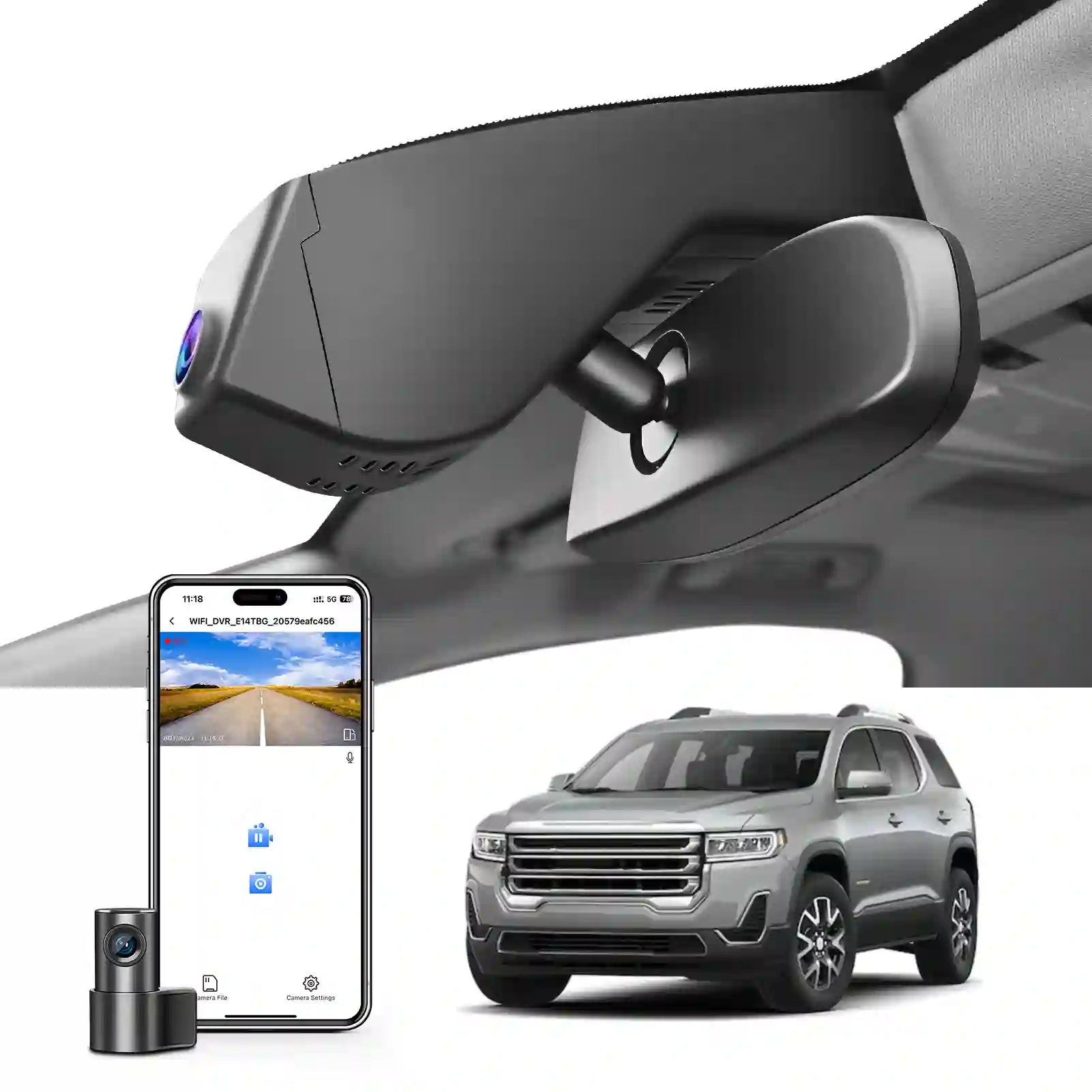 Car camera system with smartphone app and vehicle on a white background