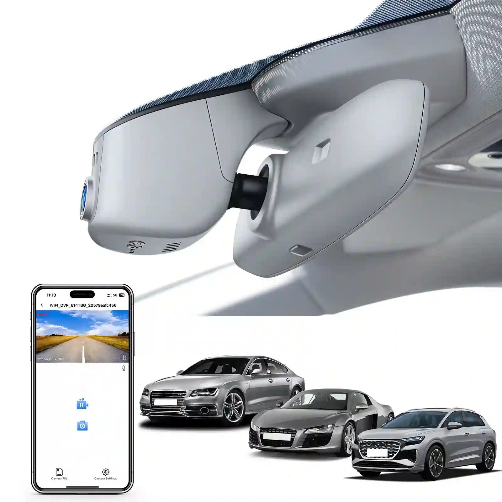 Audi Car camera system with smartphone app interface and multiple cars displayed. Oem style dash camera 