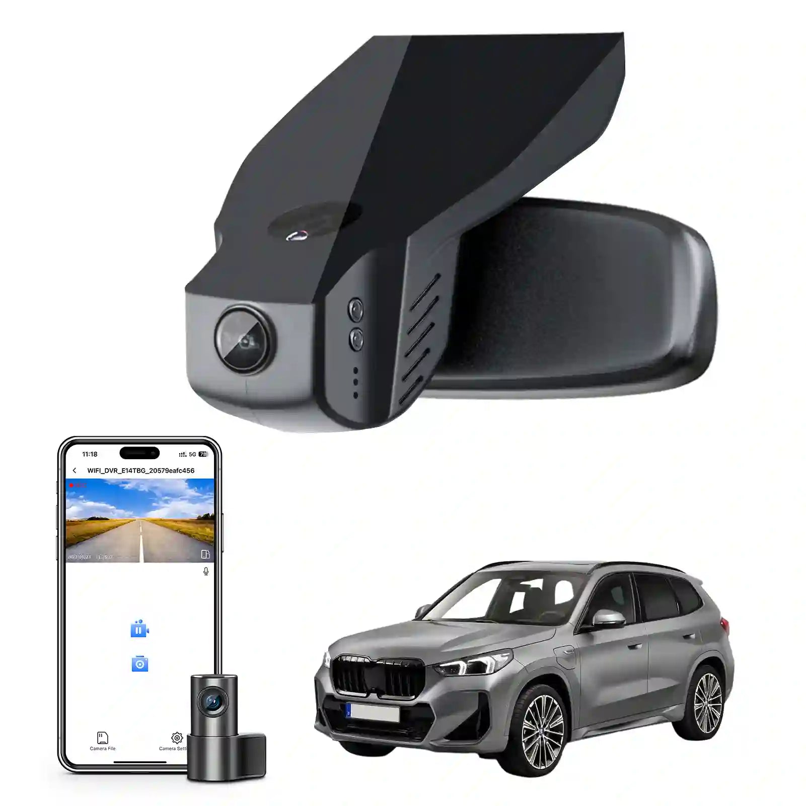 Car dashboard camera, smartphone app, and car on a white background