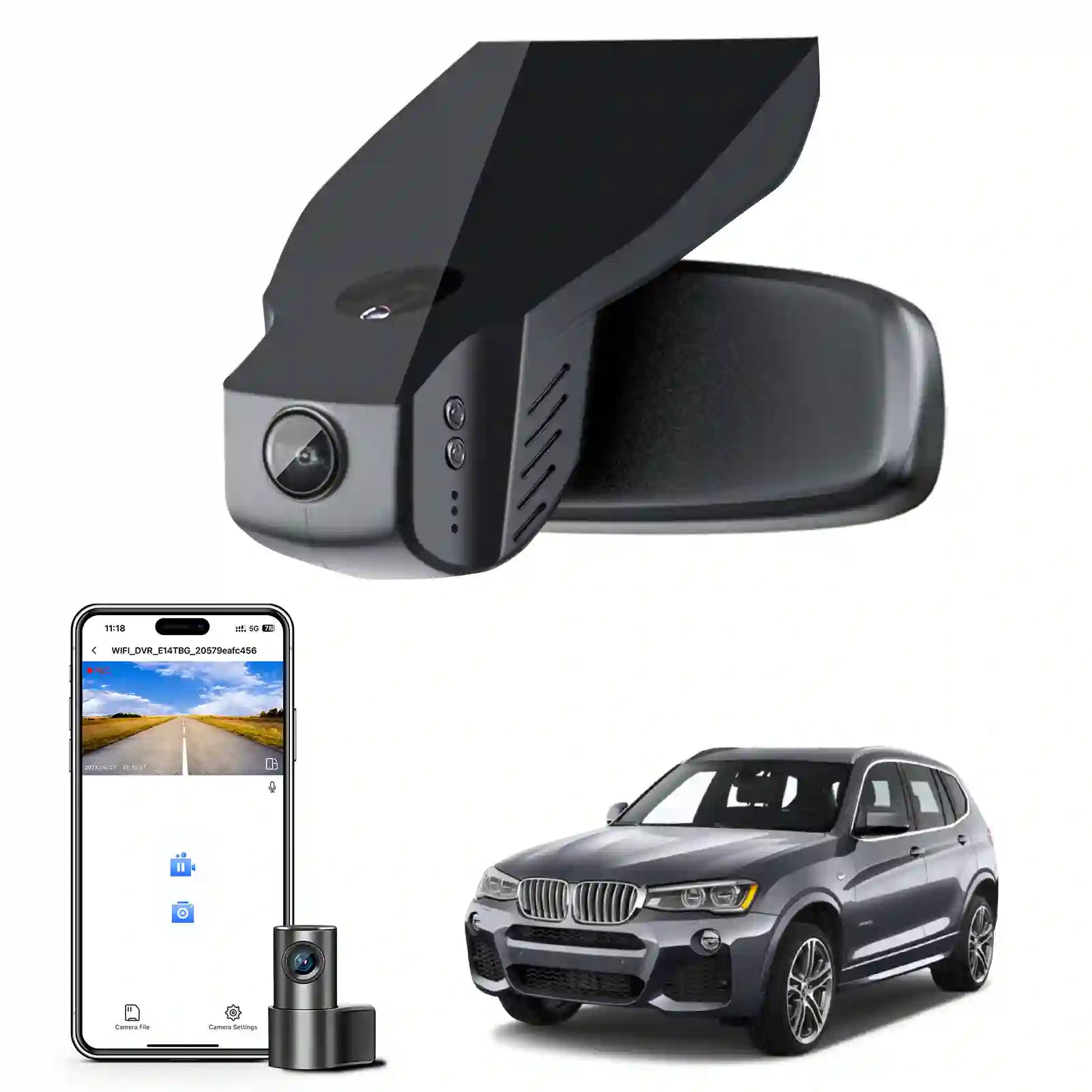 Car dashboard camera, smartphone app, and BMW X3 SUV on a white background