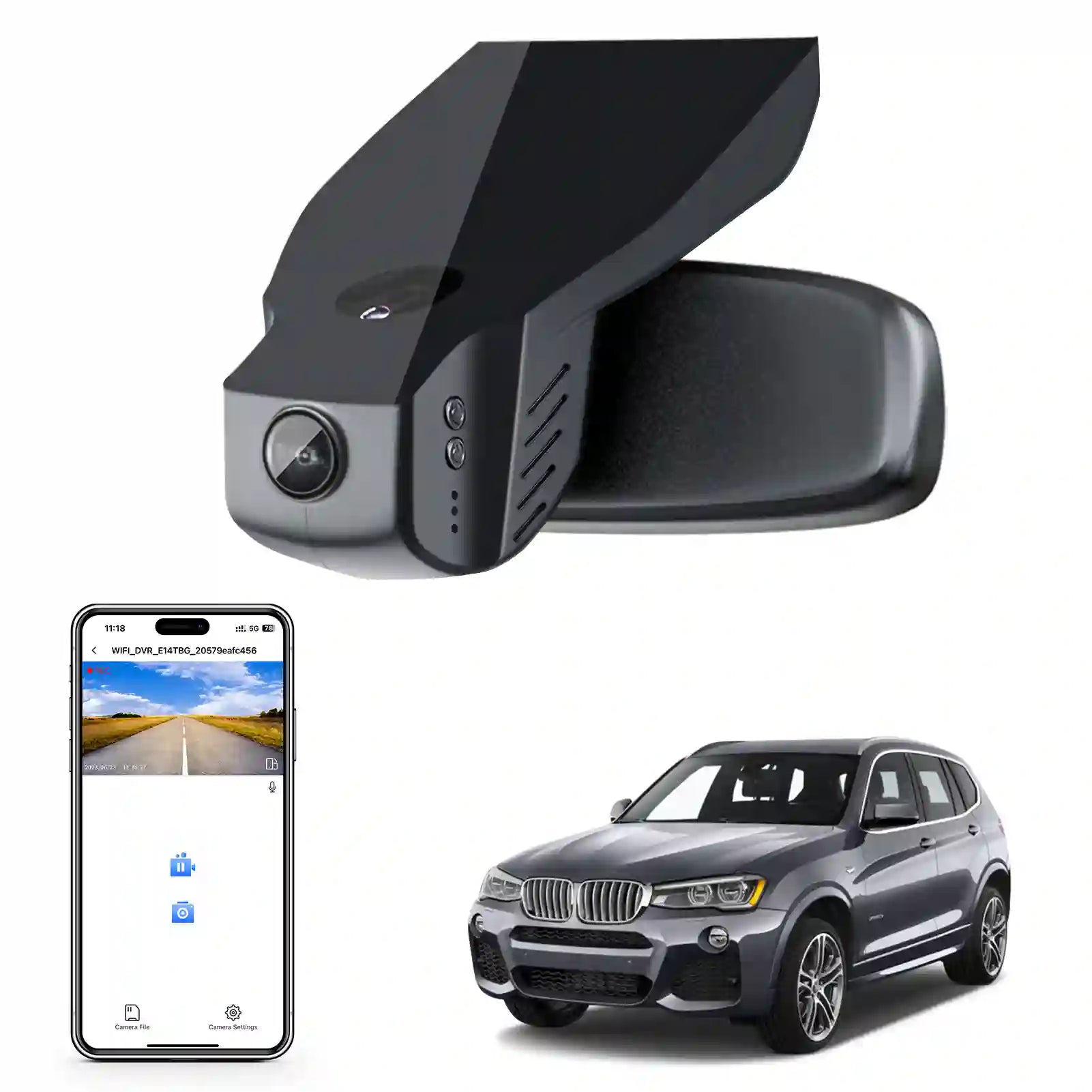 Car dashboard camera, smartphone app, and BMW X3 SUV on a white background