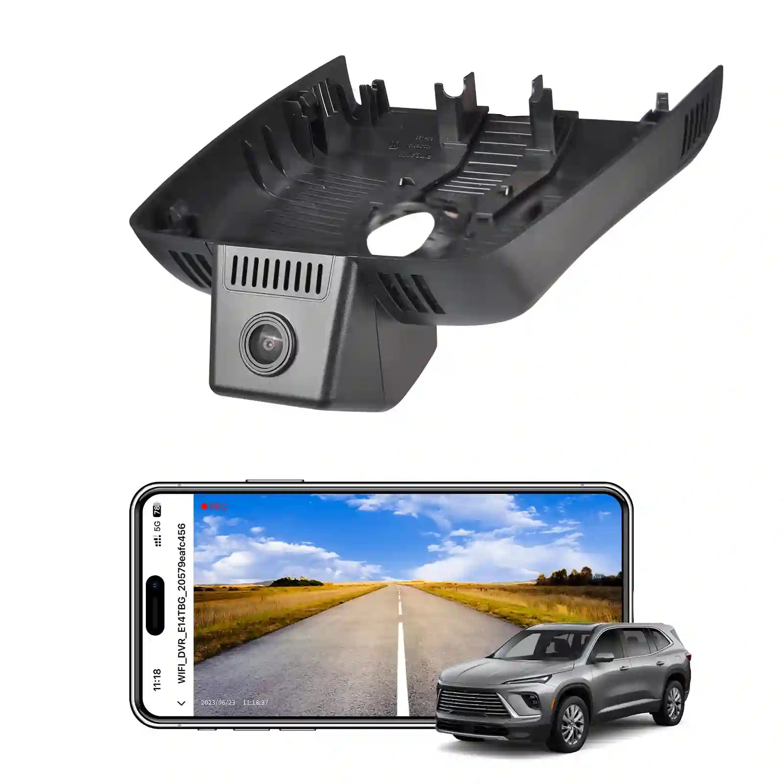 Car camera with smartphone displaying road view and car in the background on a white background