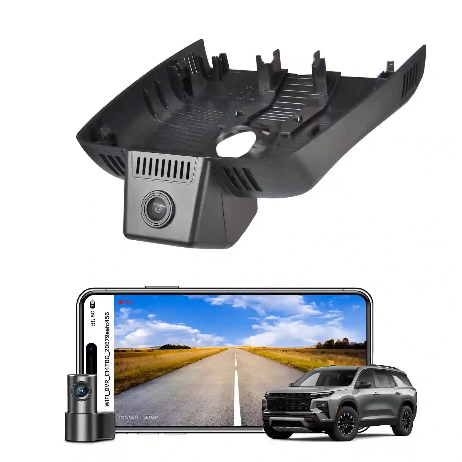 Car camera system with smartphone app displaying road view and car model on a white background