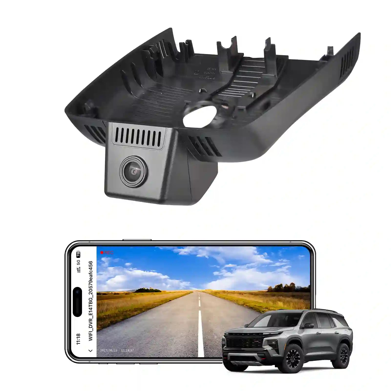 Car camera with smartphone displaying road view and car on a white background
