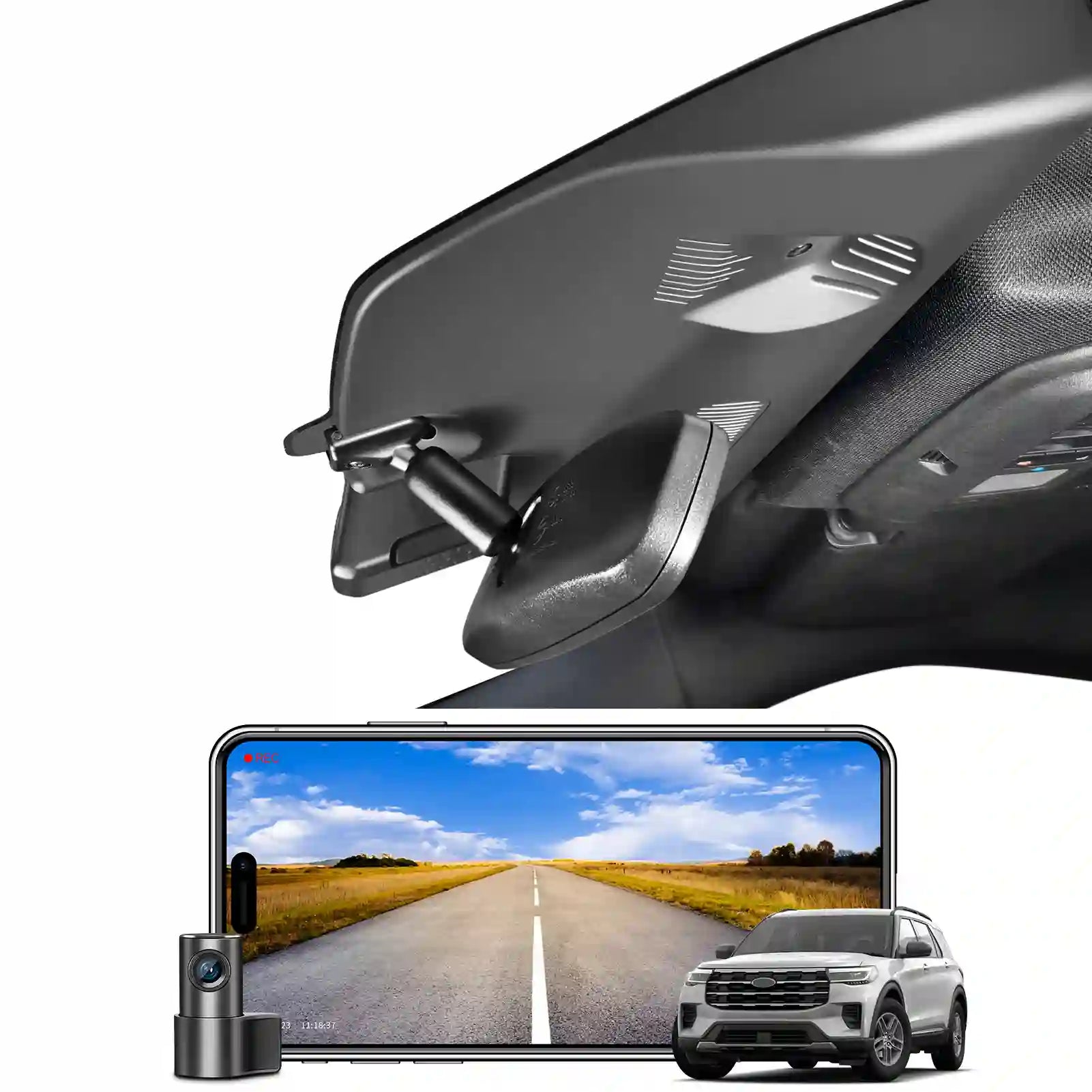 Car dashboard camera with smartphone display and vehicle on a white background