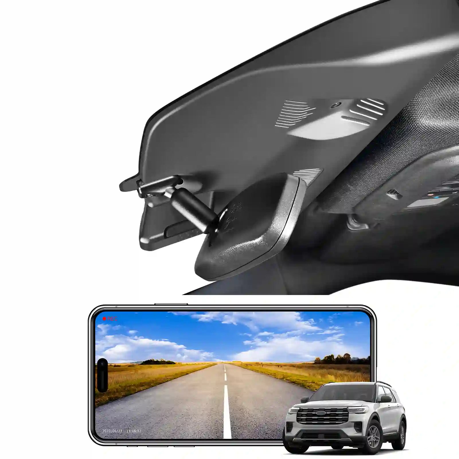 Car rearview mirror with a smartphone displaying a scenic road view and a car below.