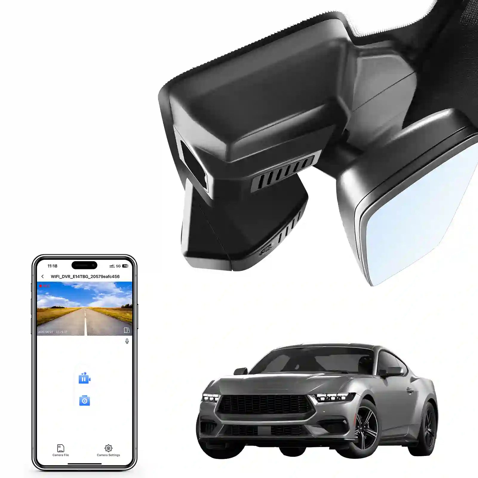 Car rearview mirror with built-in camera and smartphone displaying app interface, car in the background.