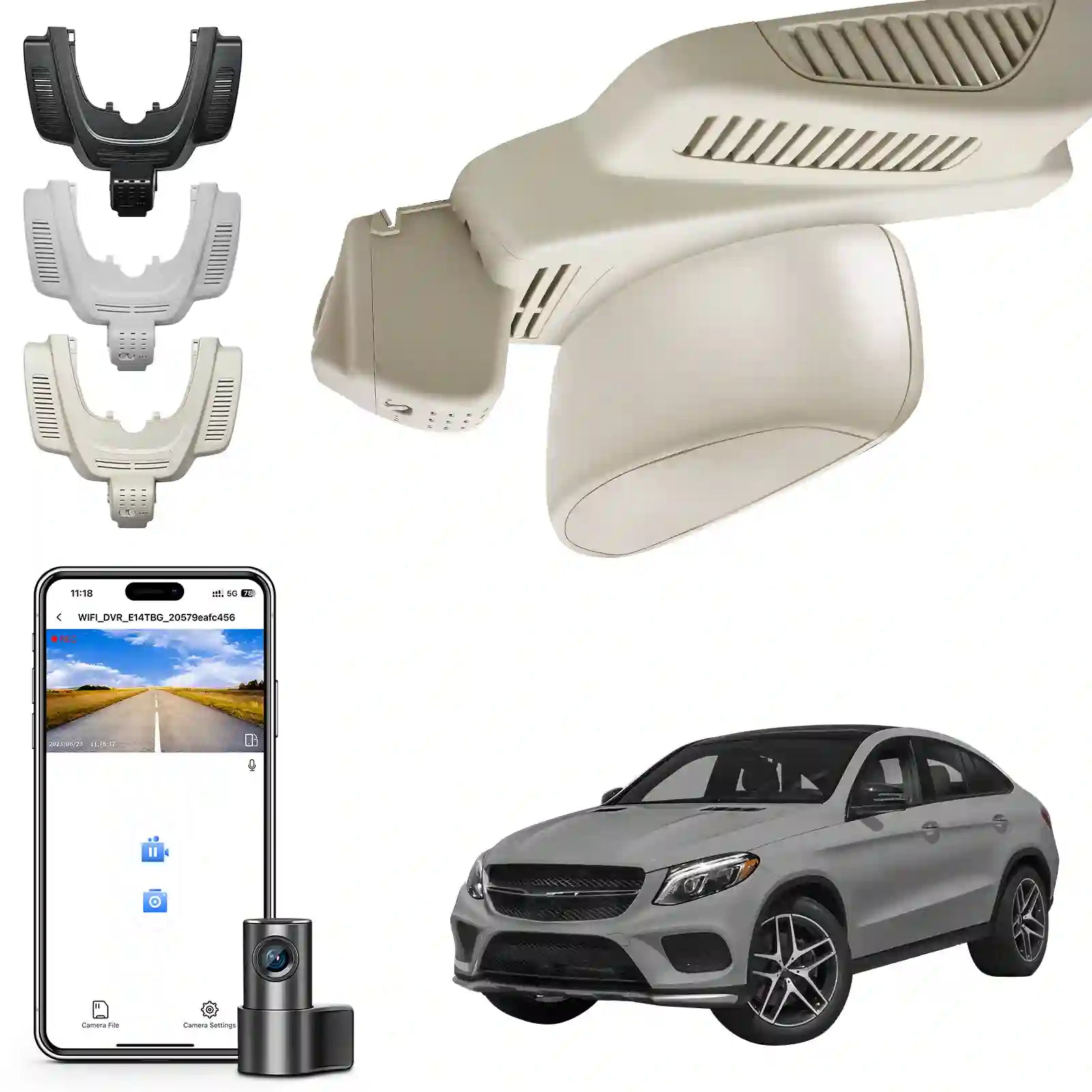 Car dashboard camera with accessories and smartphone app on a white background