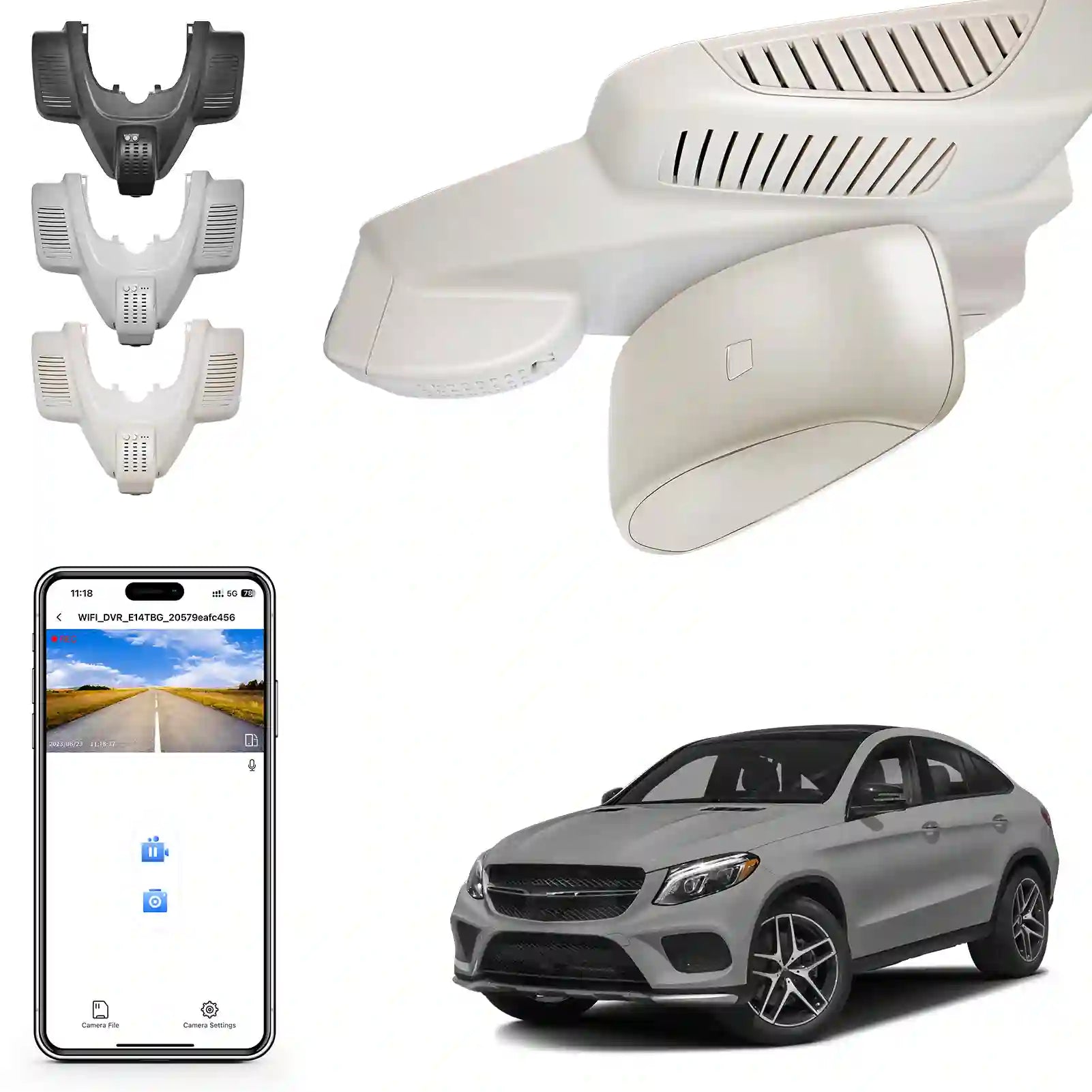 Car air freshener system with car, phone, and air freshener parts on a white background