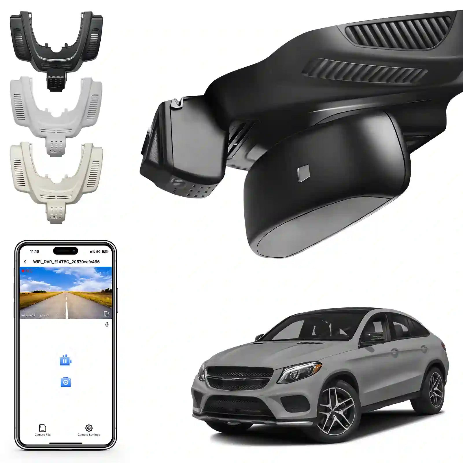 Car camera system with smartphone app and car on a white background