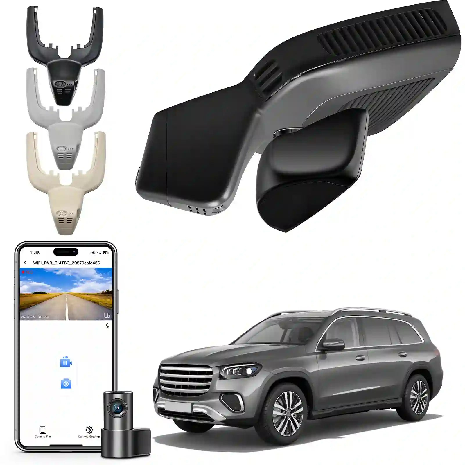 Car mount, smartphone with app interface, SUV, and car accessories on a white background