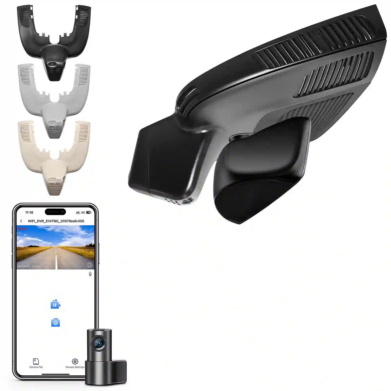 Car dashboard camera with smartphone app interface and three different mouthguards on a white background