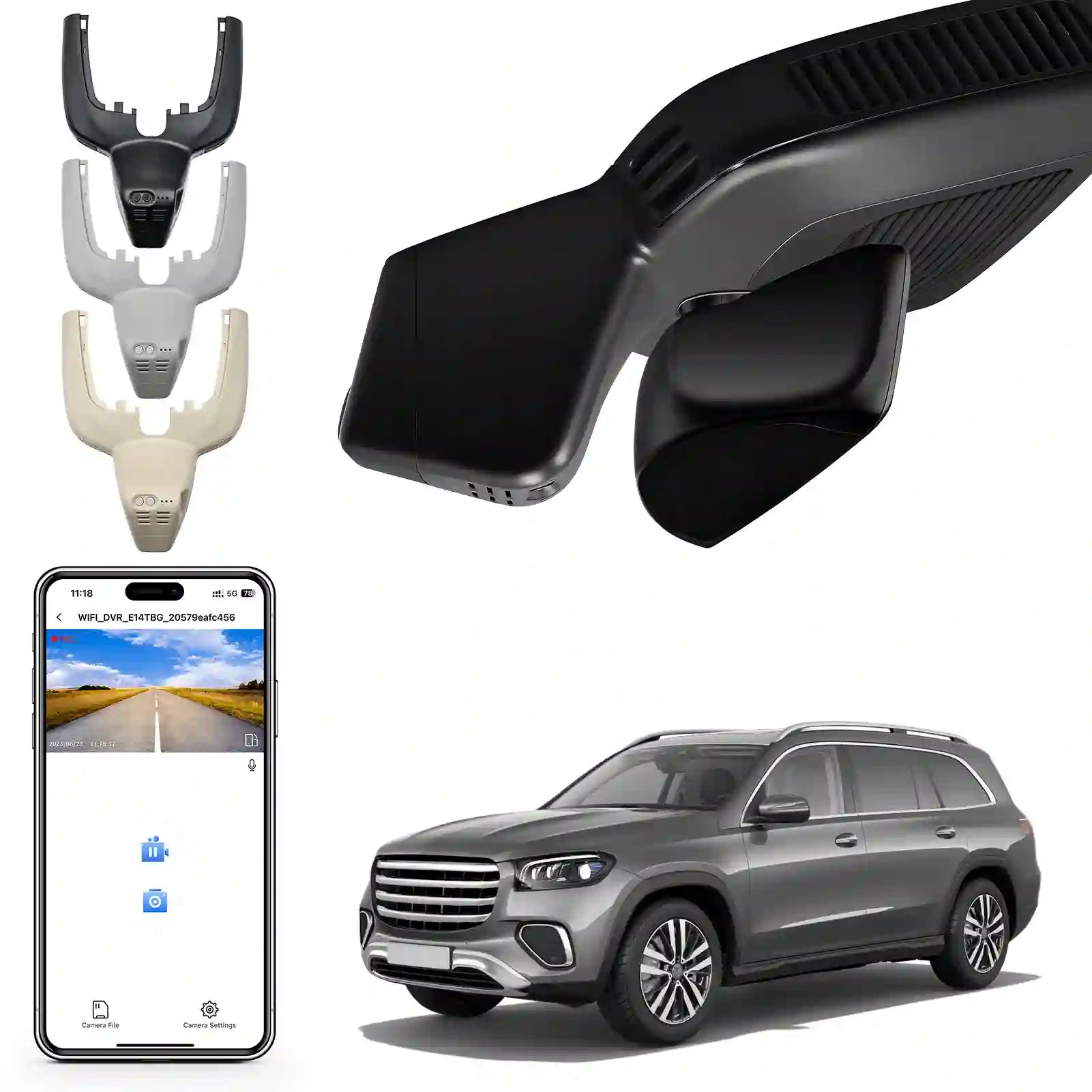 Car mount, smartphone, SUV, and three car mount attachments on a white background