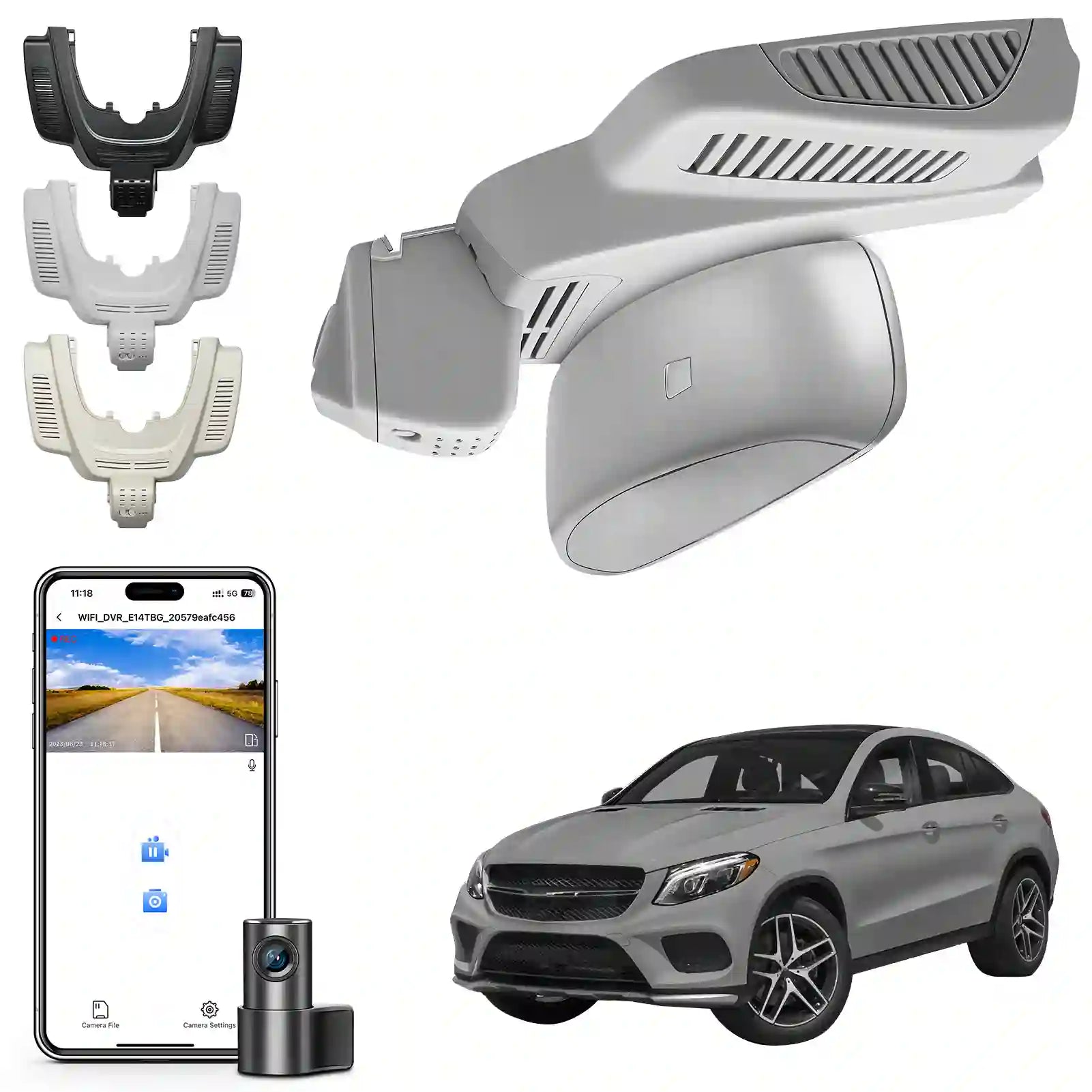 Car roof camera system with smartphone app, car, and different camera mounting options on two channel camera by mangoal 