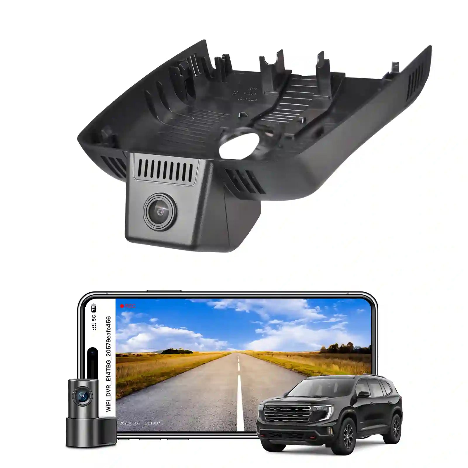 Car camera system with a screen displaying a road and a car, on a white background.