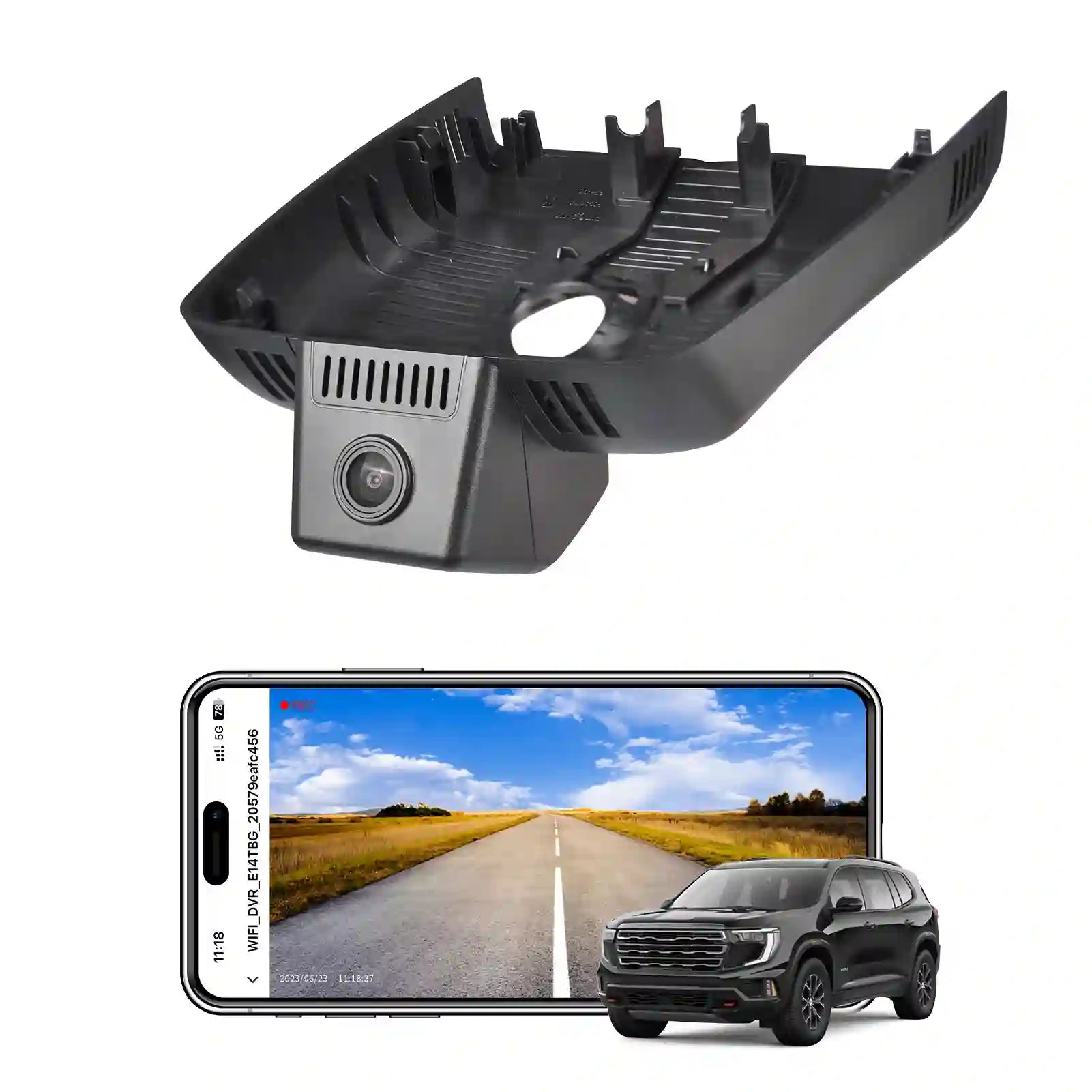 Car camera with smartphone displaying road view and car on a white background