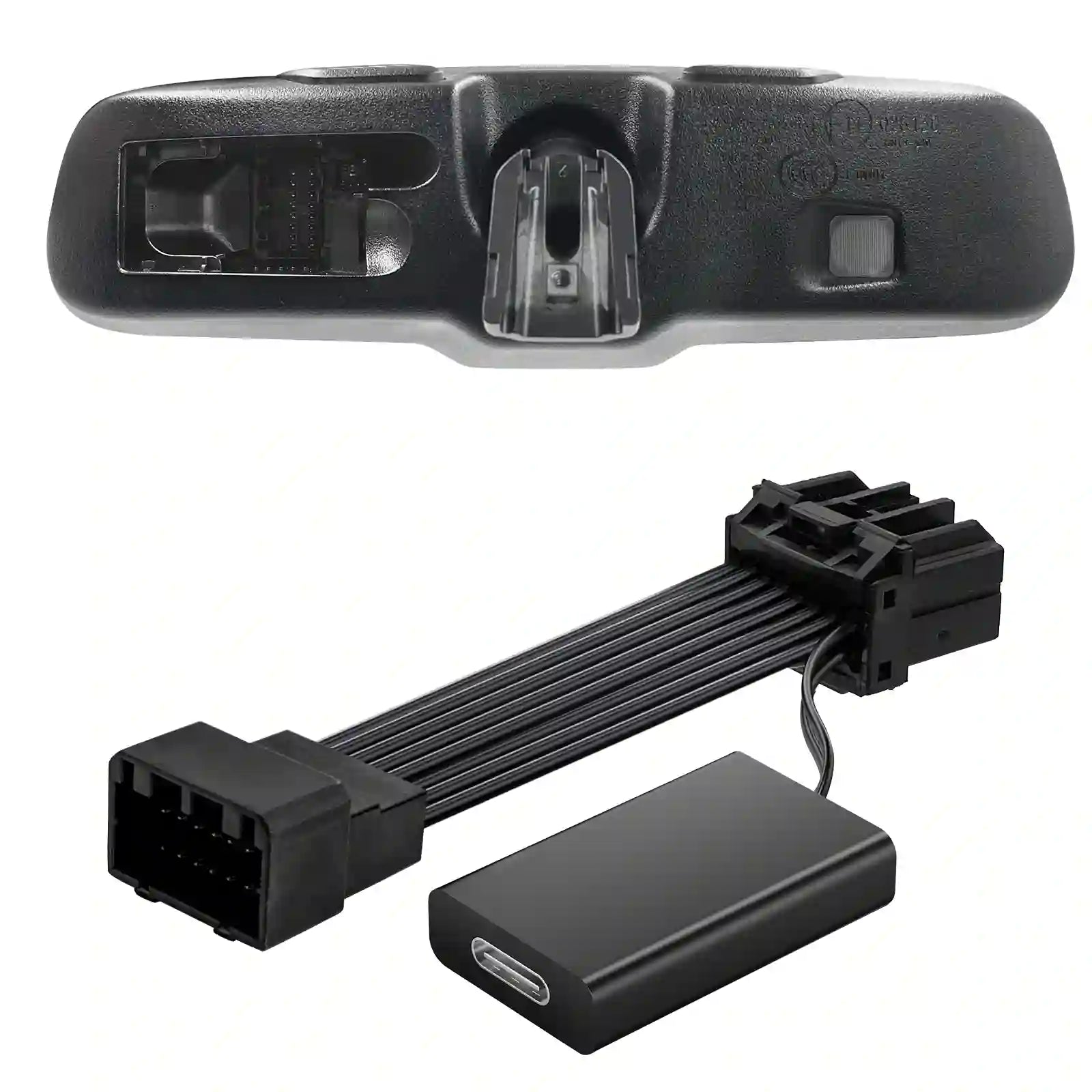Car rearview mirror with wiring harness and battery on a white background
