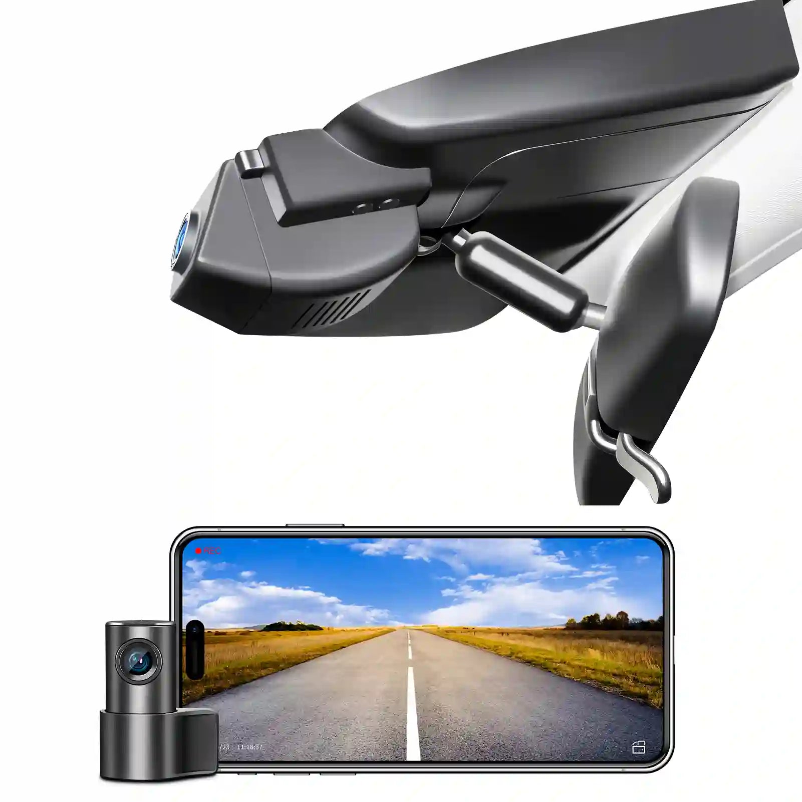 Car dashboard camera system with smartphone displaying road view on a white background