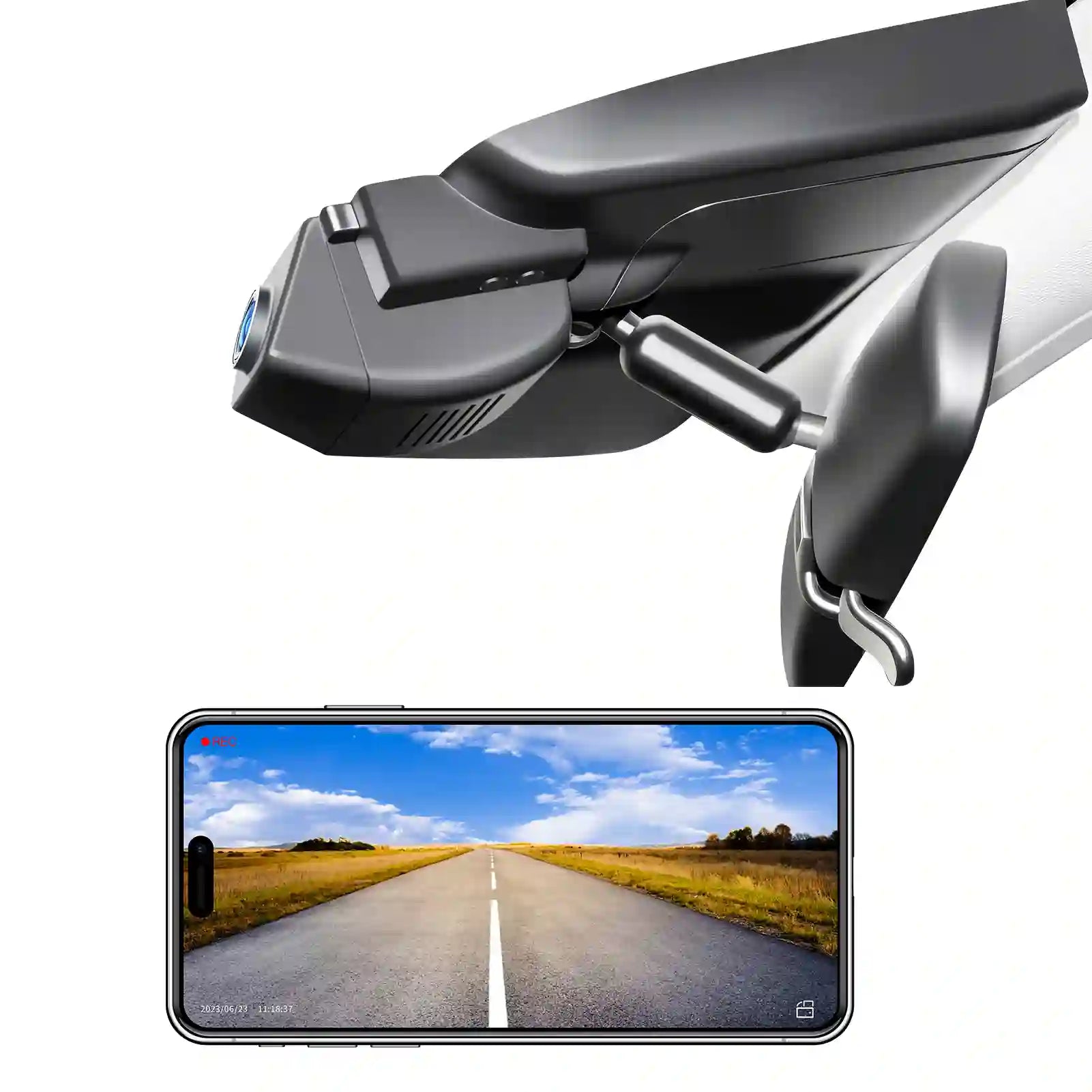 Honda CRV  rearview mirror camera with built-in camera and smartphone displaying a road view.