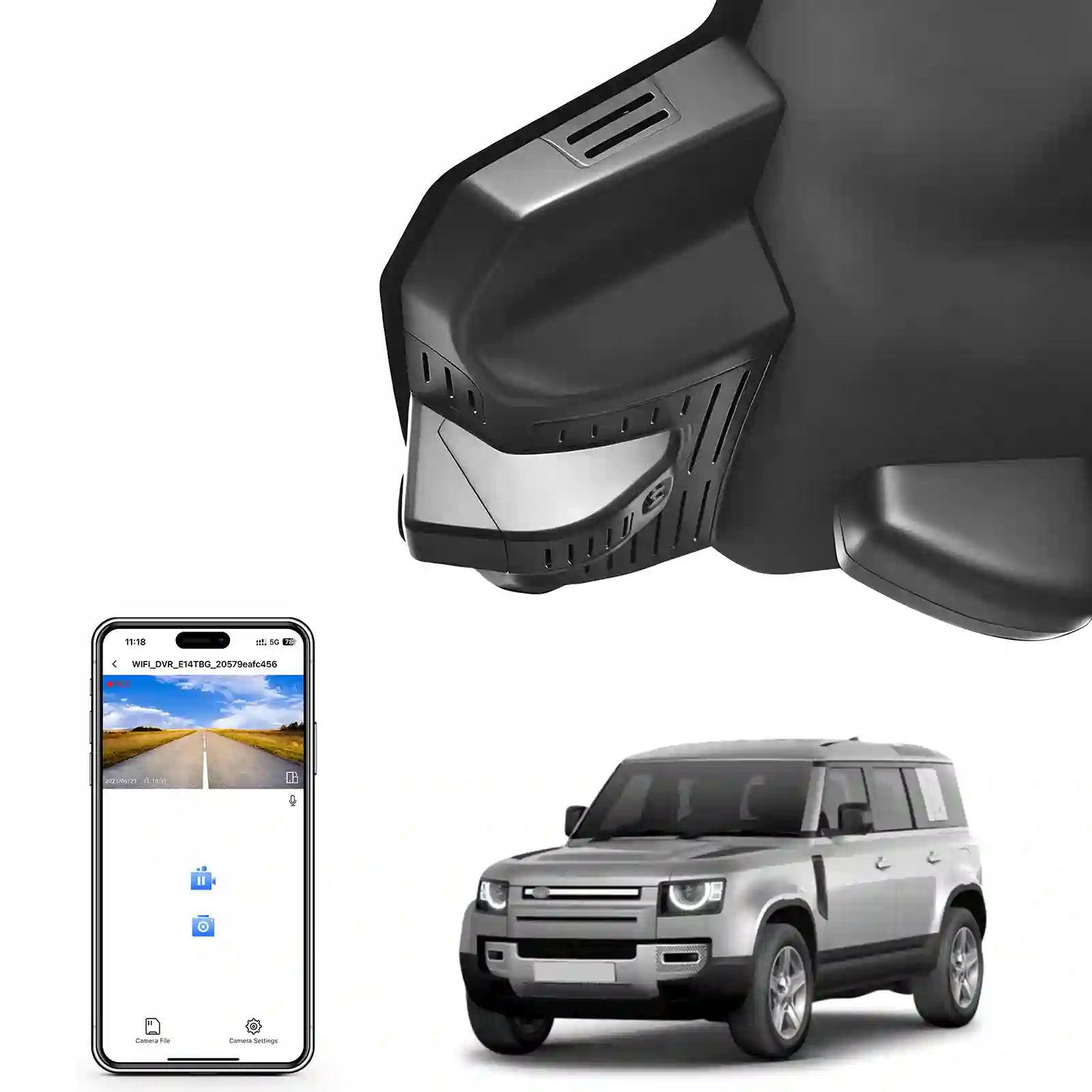 Car dashboard camera, smartphone with app interface, and Land Rover vehicle on a white background