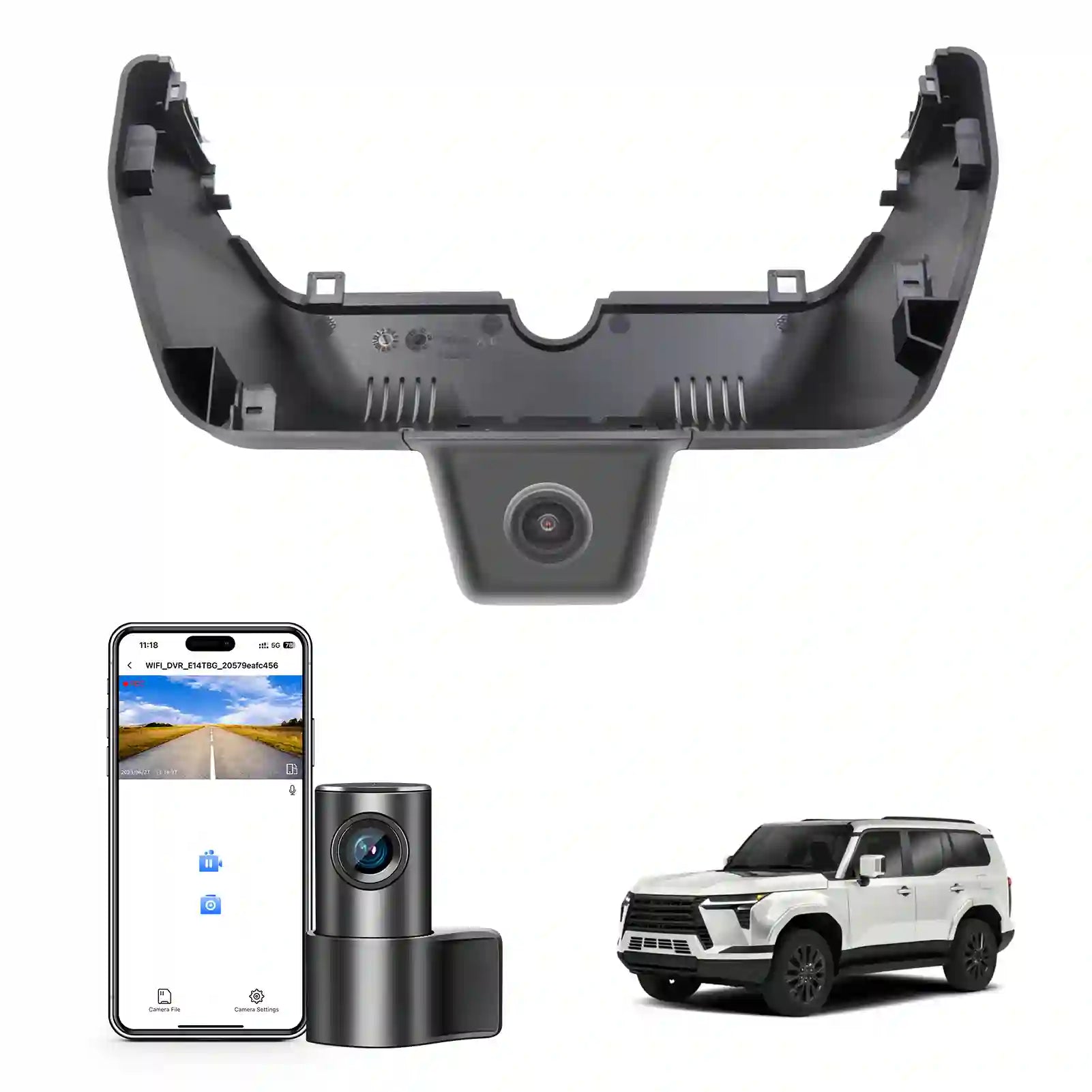 Car backup camera system with smartphone app, camera, and SUV on a white background