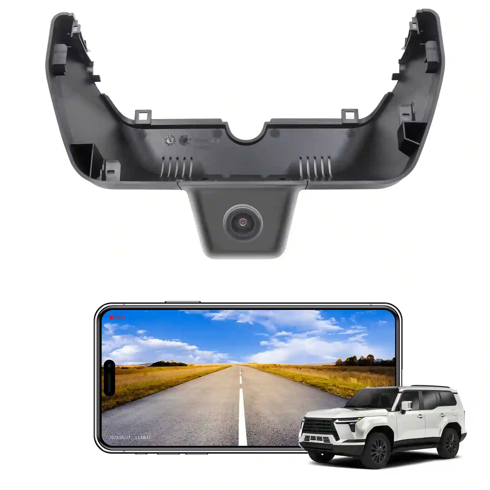 Car backup camera with smartphone displaying a road scene and a car on a white background