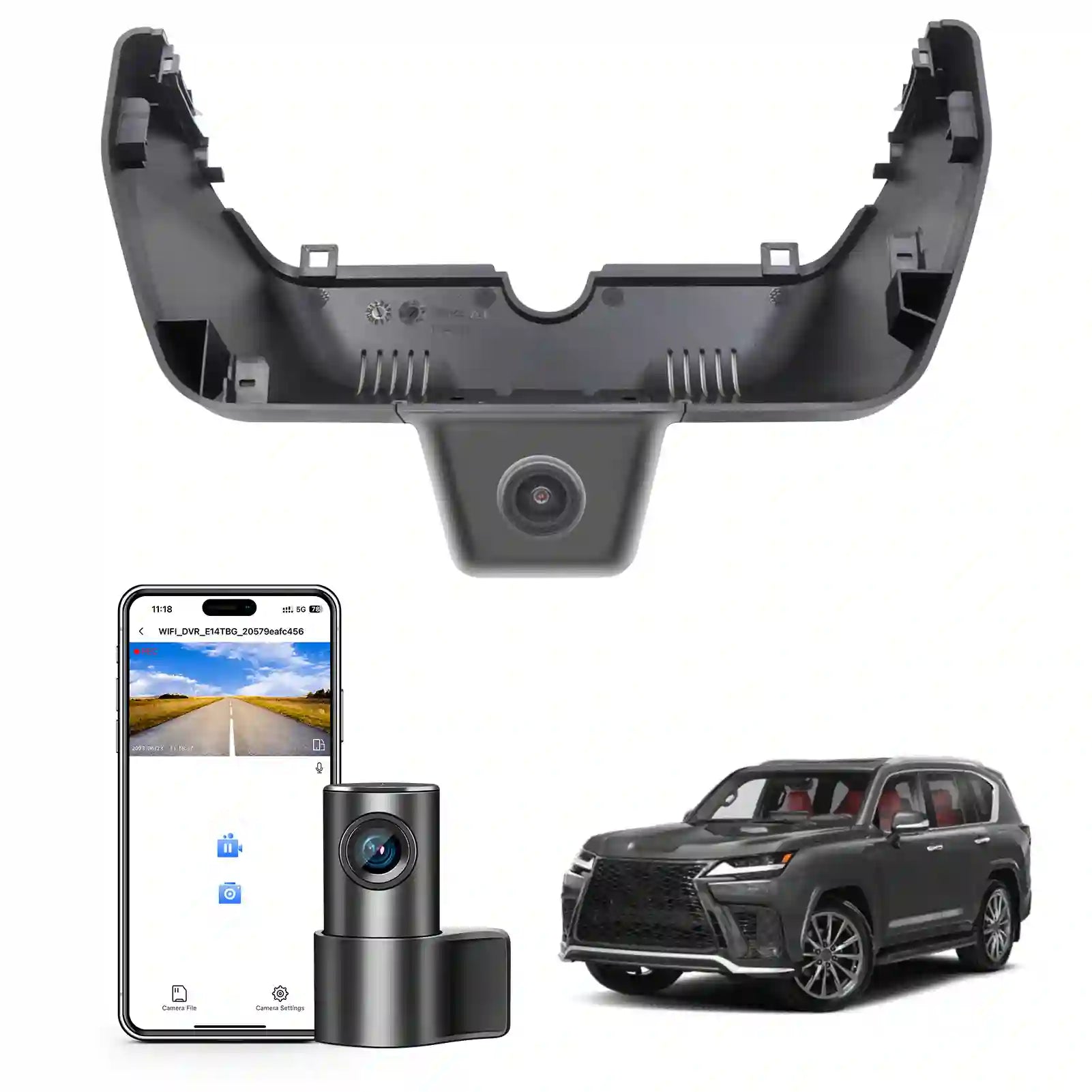Car backup camera system with smartphone app, camera module, and vehicle on a white background