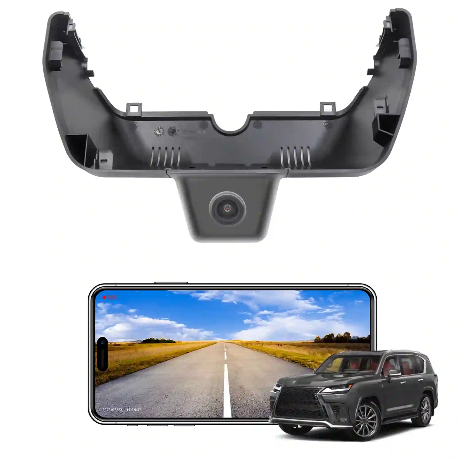 Car backup camera with smartphone displaying road view and car on a white background