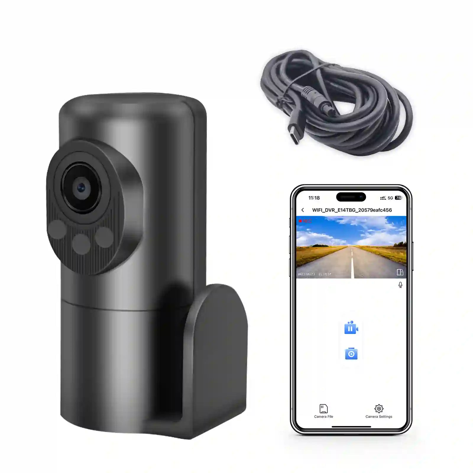 Rear car dashboard camera with smartphone displaying app interface 