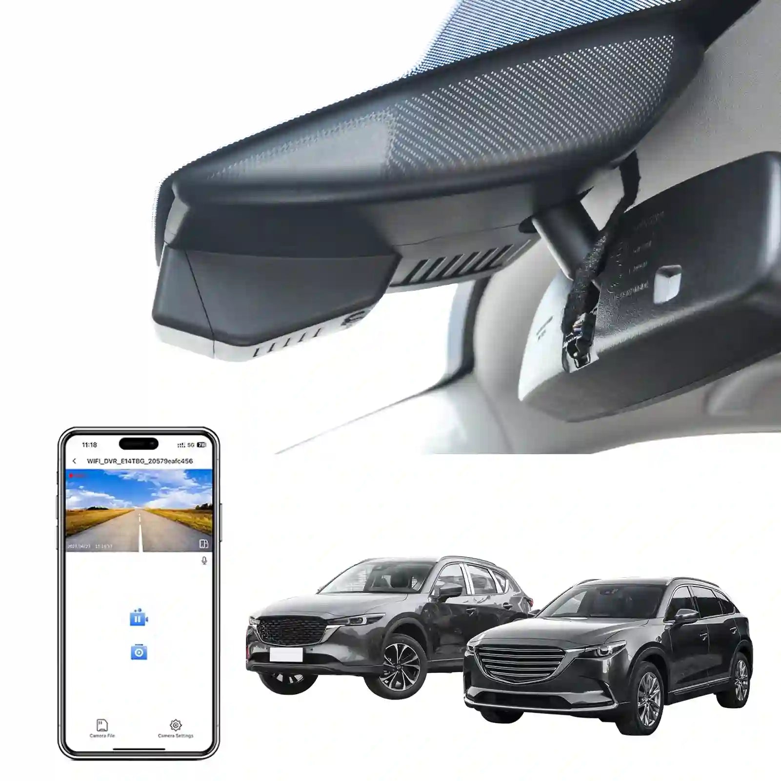 Car sunshade on a car window with smartphone displaying a road view and two cars below.