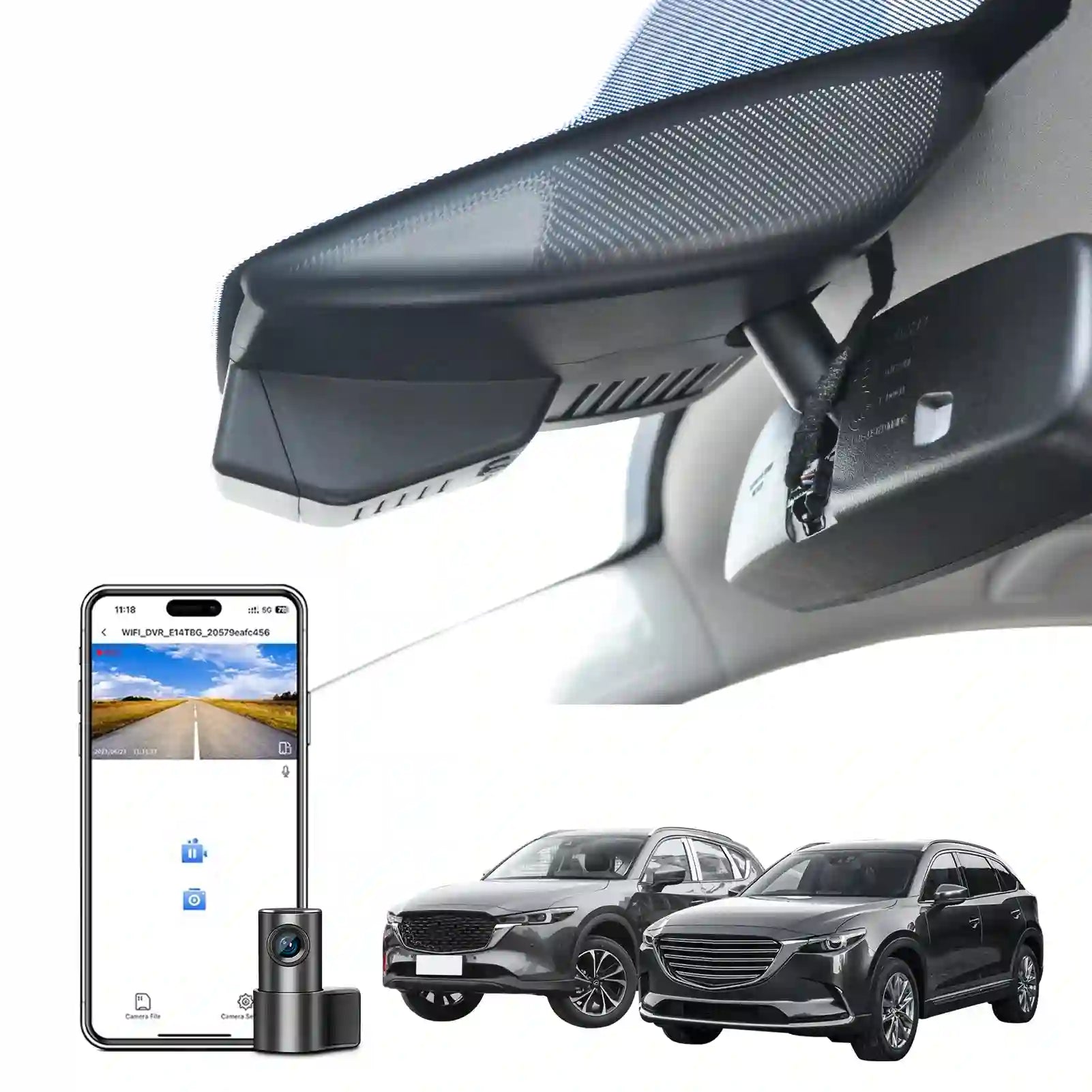 Car rearview mirror with smartphone display and two cars in the background