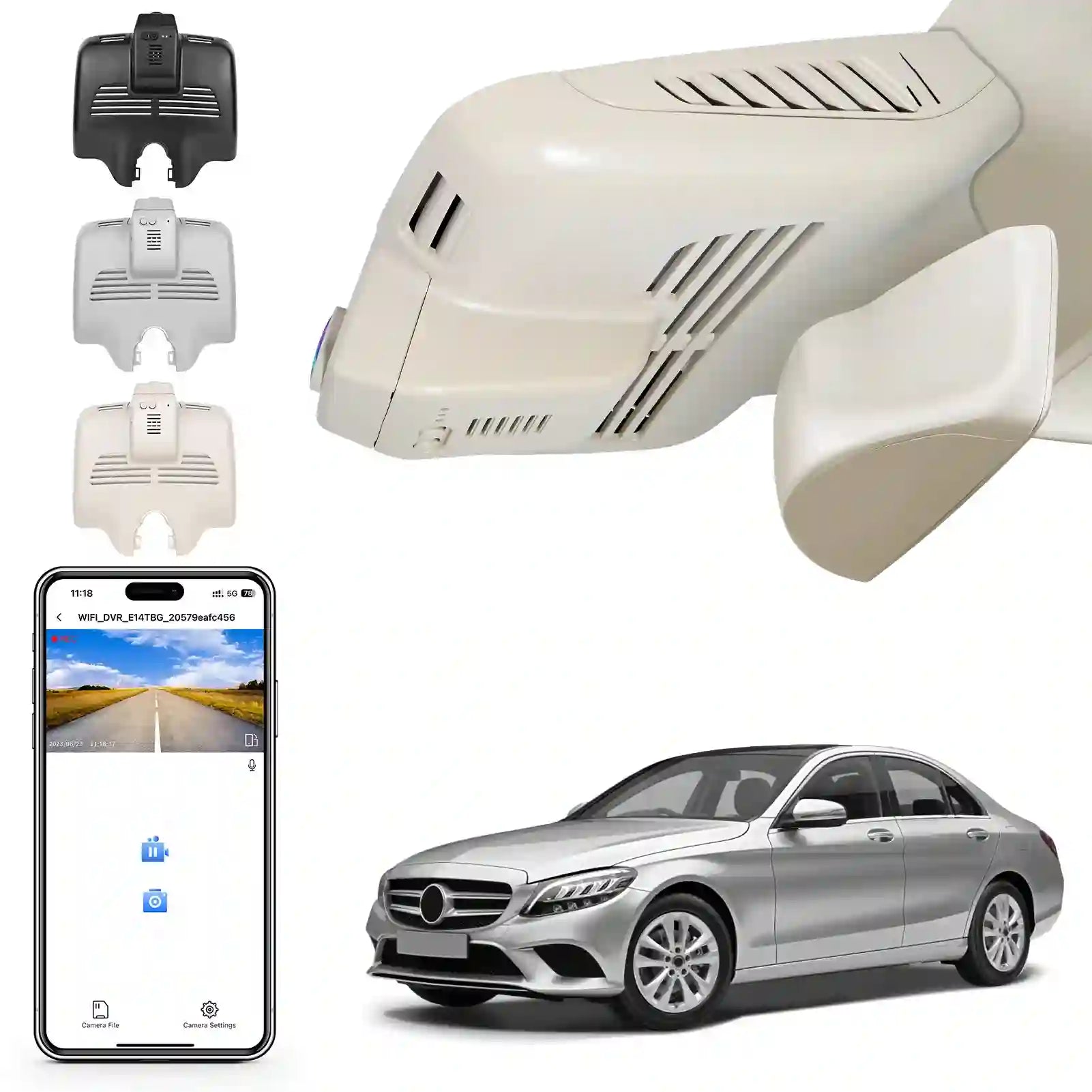 4K Dash Cam for Mercedes-Benz C-Class Gen4 W/S/C/A 205 2015-2021(Model B Beige), C200 C250 C300 etc, OEM Look, UHD 2160P, WiFi & APP, Loop Recording, G-Sensor, Easy to Install, 64GB Card