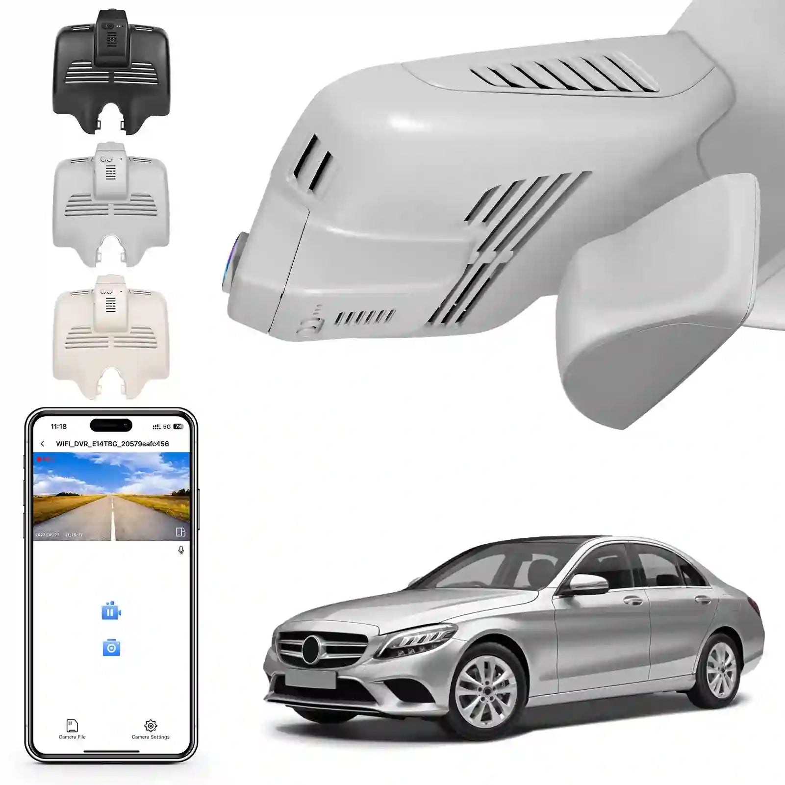 Car dashboard camera with smartphone app and Mercedes-Benz car displayed.