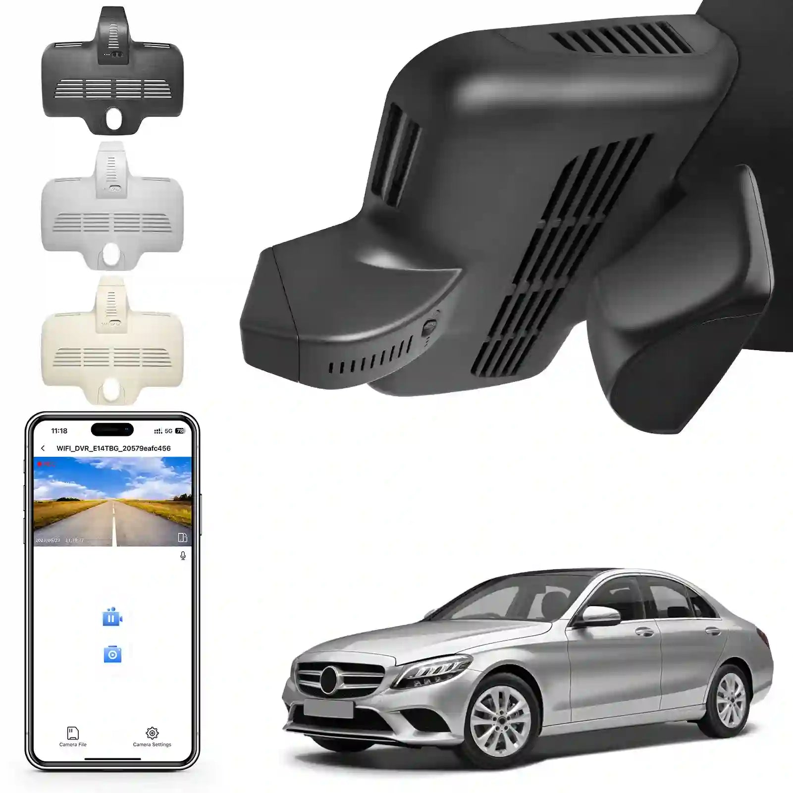 Car dashboard camera with smartphone app and car model on a white background