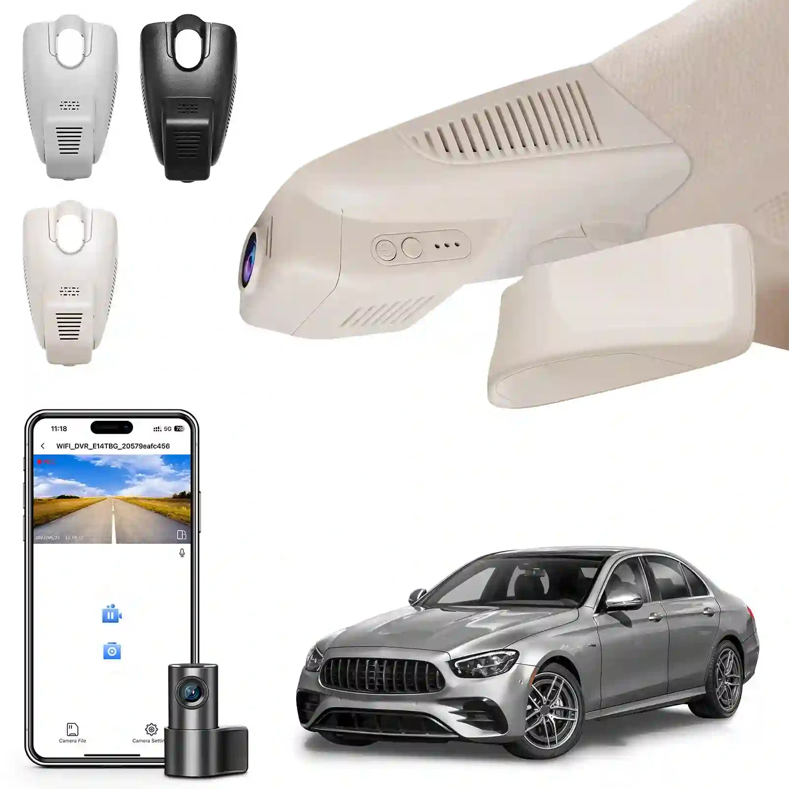 Front 4K and Rear 1080p Dash Cam for Mercedes-Benz E-Class W213 Gen5 E-Class 2017-2023 & E53 E63 AMG 2018-2024(Model A Beige), OEM Look, WiFi & APP, Loop Recording, G-Sensor, GPS, 128GB Card