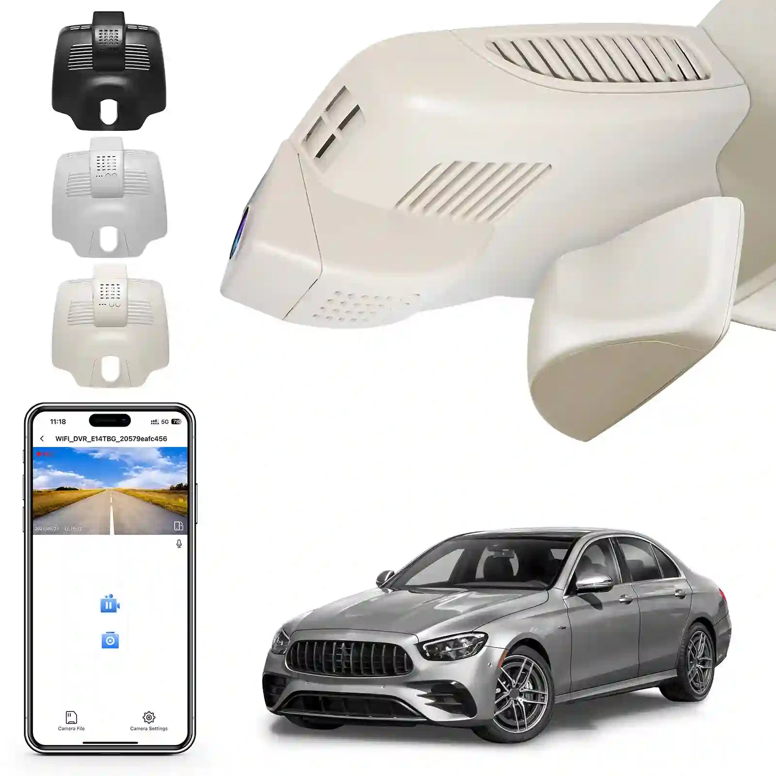 Car camera system with smartphone app and car on a white background